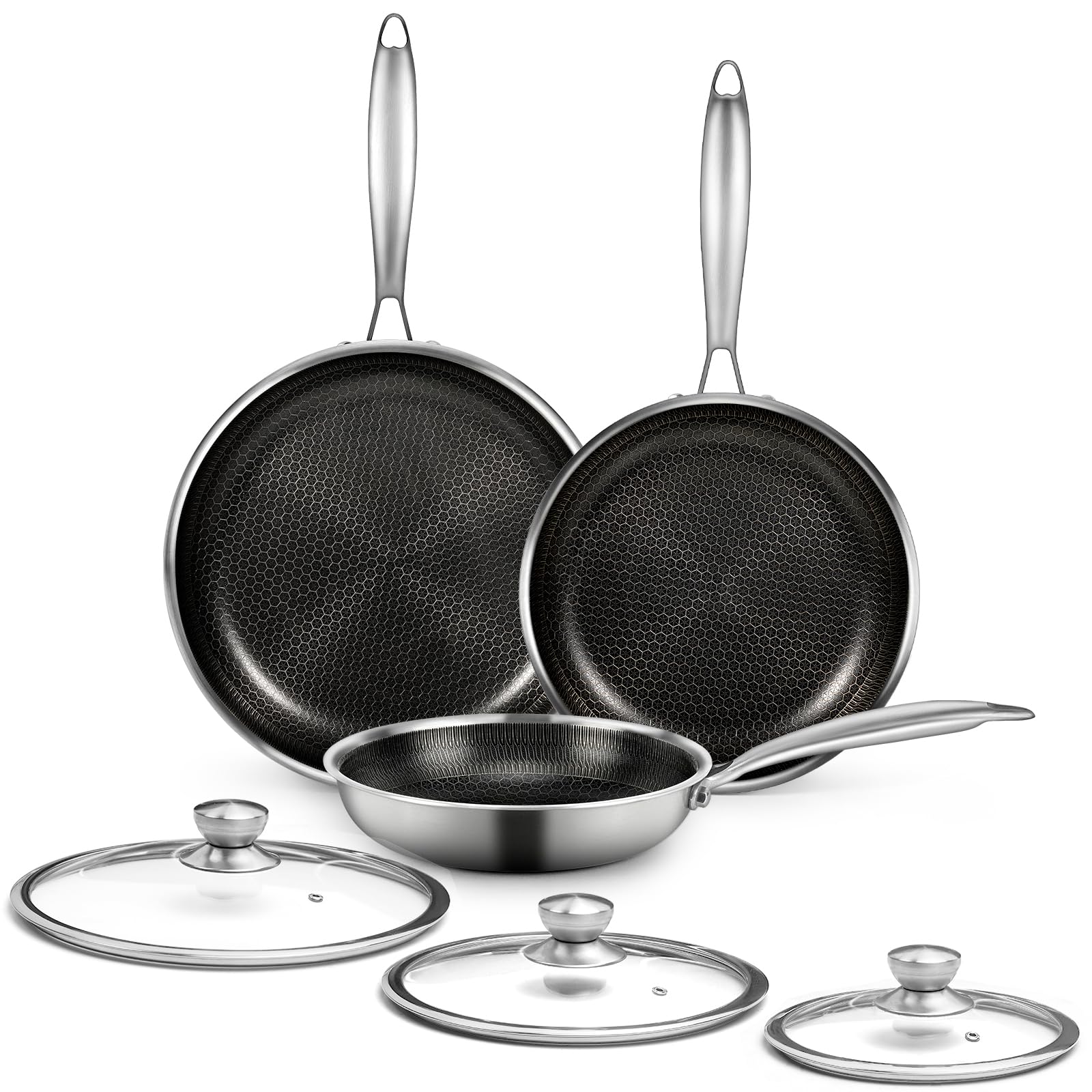 CADIVIZZO 6 Pieces Stainless Steel Frying Pan Set with Lids(8+9.5+11)
