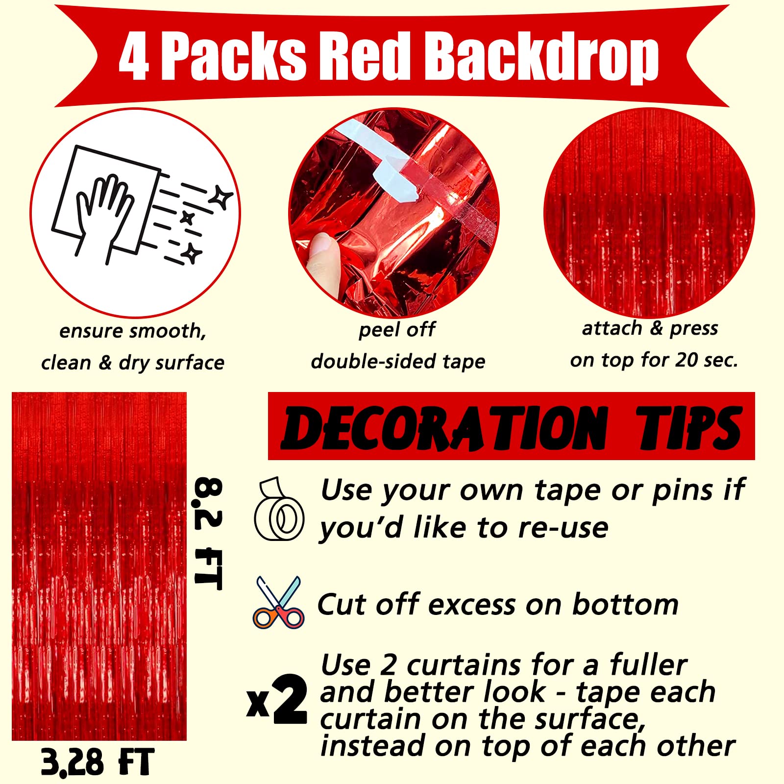 4 Pack Red Fringe Curtain Backdrop  3.2Ft x 8.2Ft Metallic Tinsel Foil Fringe Streamers Curtains Background for Photo Booth Birthday Wedding Baby Shower Party Thanksgiving Christmas Decorations