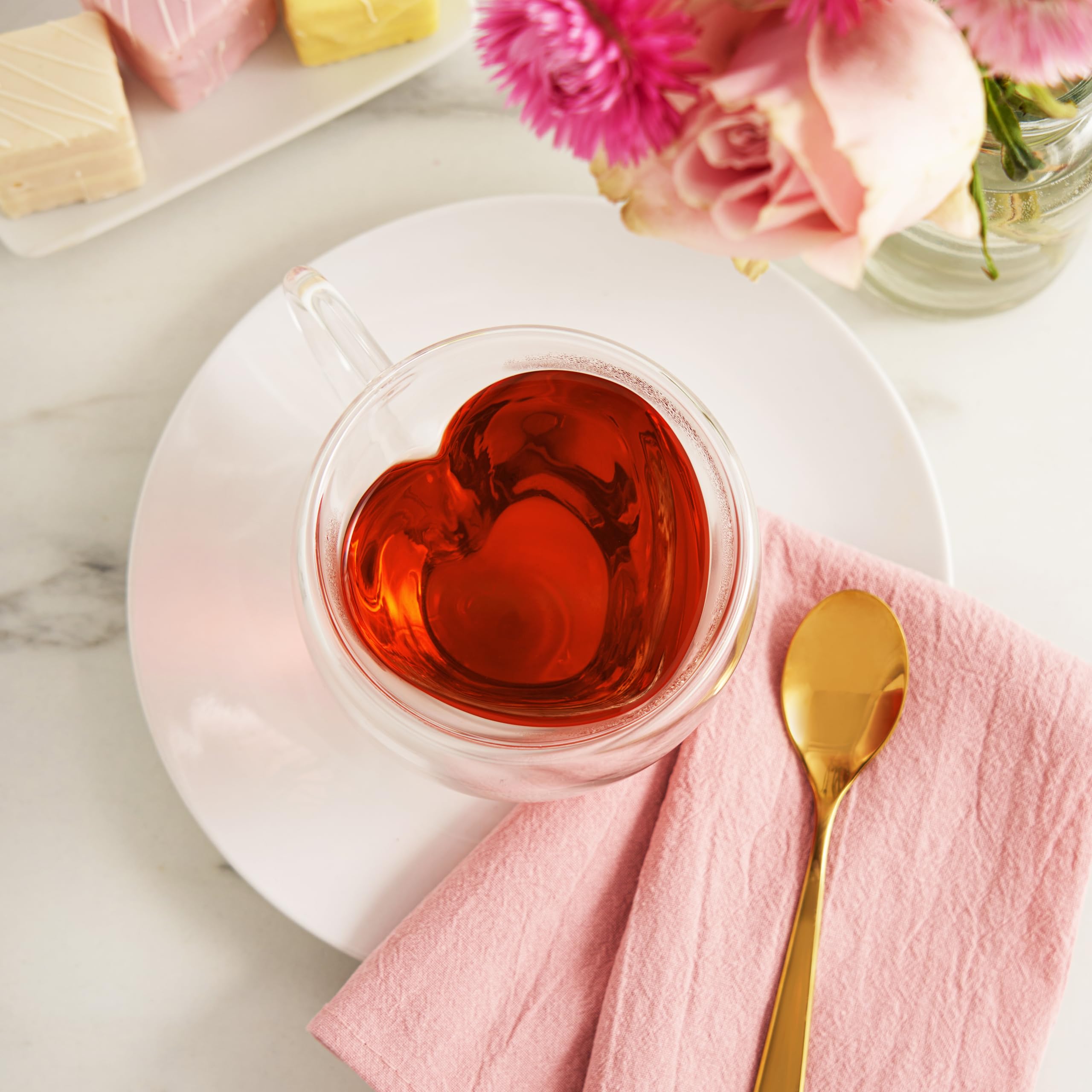 Pinky Up Kendall Heart Shaped Glass Tea Cups with Handle, Double Walled Coffee Mugs, Drinking Glasses for Hot Chocolate Milk, La