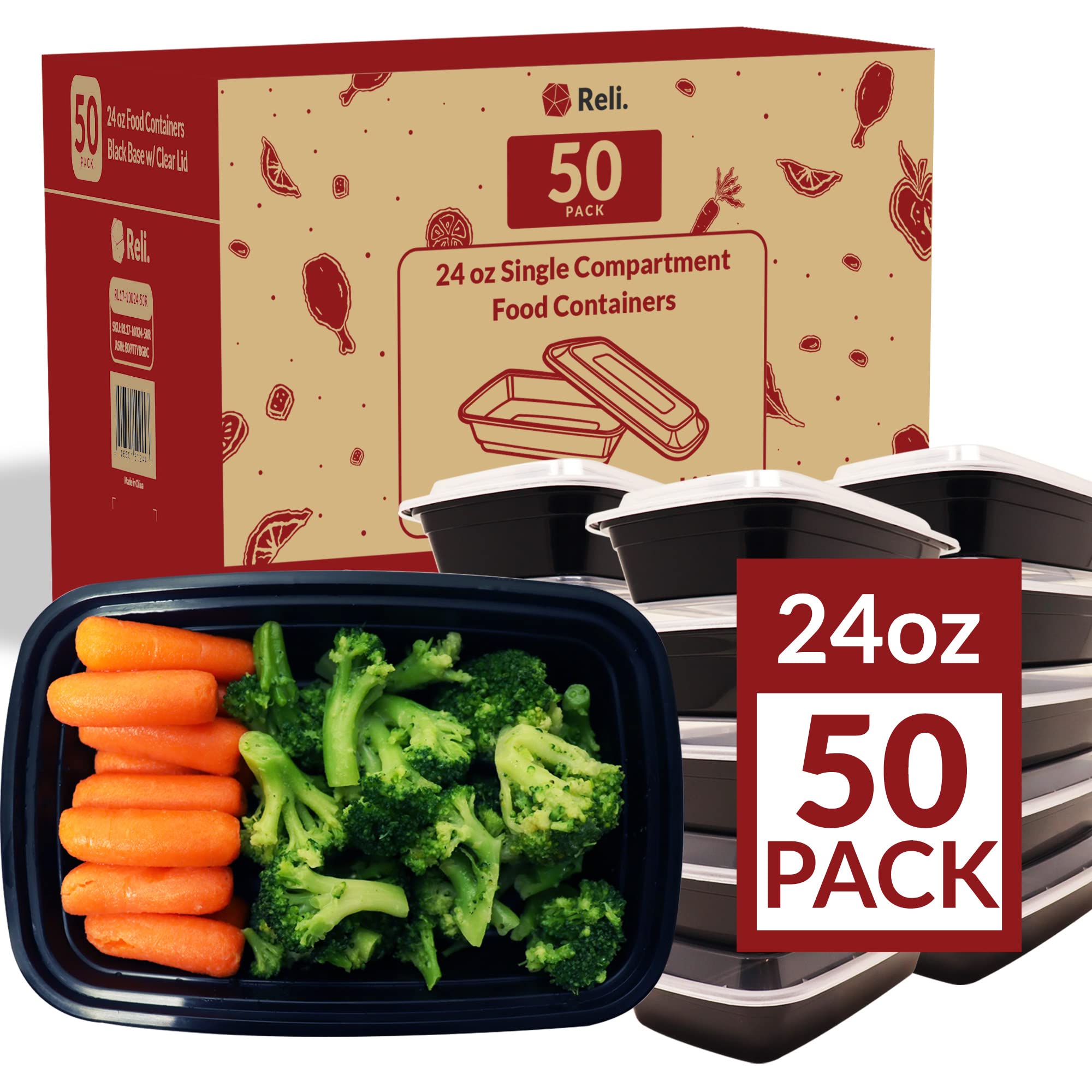 Reli. Meal Prep Containers 24 oz. | 50 Pack | Black Food Containers w/Lids