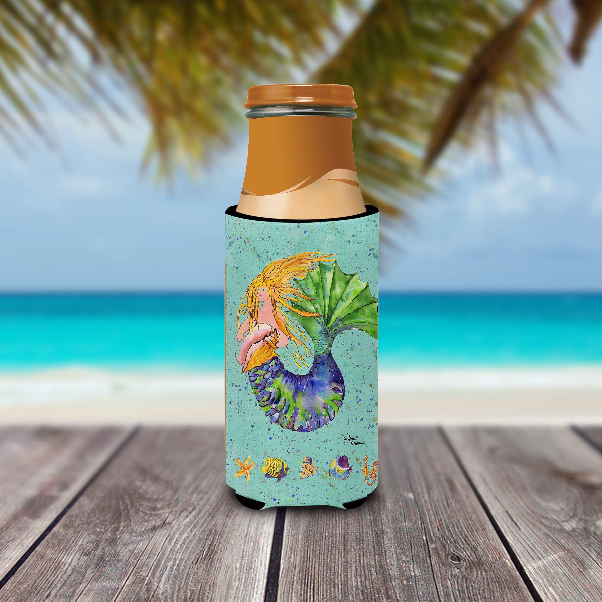 Blonde Mermaid on Teal Ultra Beverage Insulators for slim cans 8336MUK