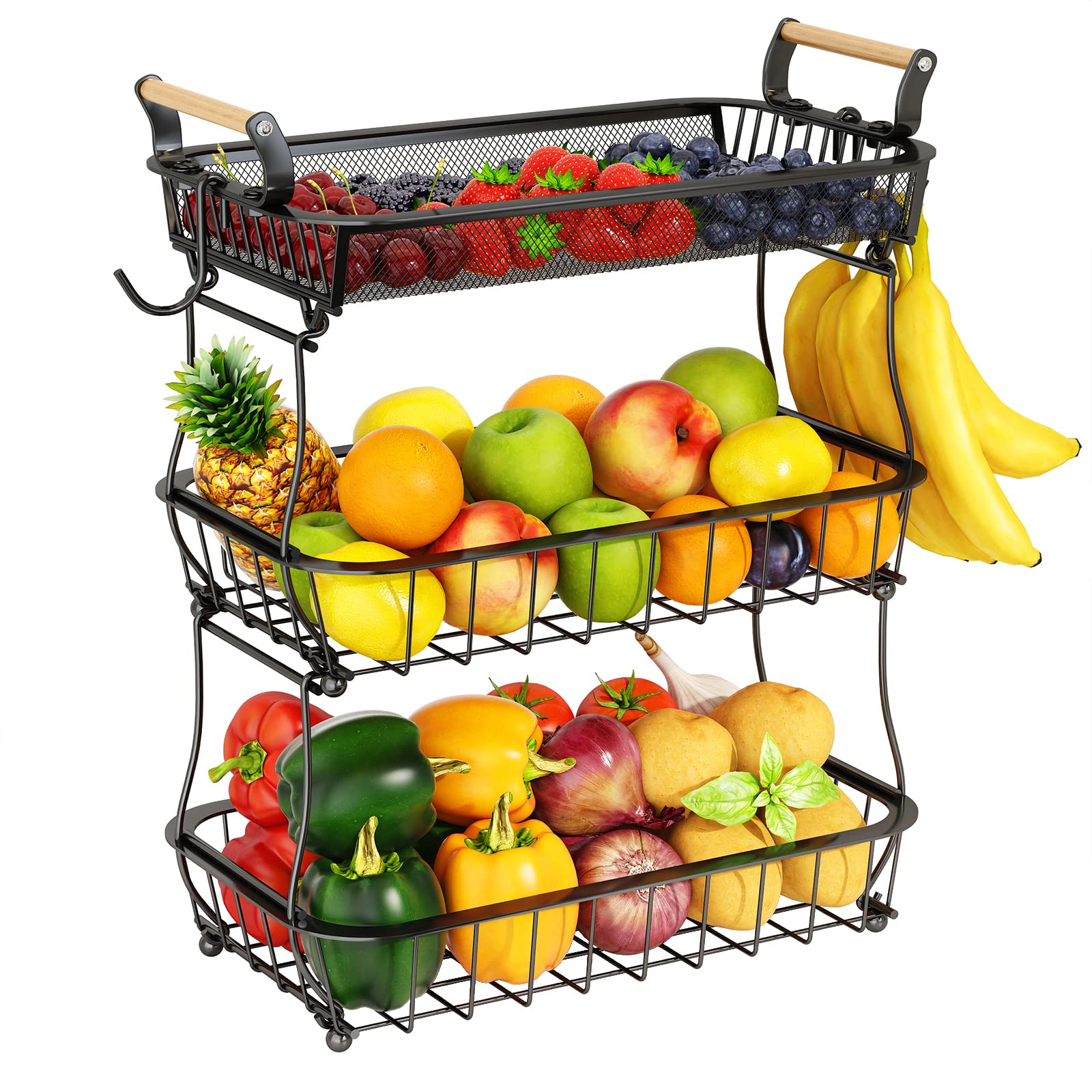 3 Tier Fruit Basket Bowl With 2 Banana Hangers For Kitchen Counter, Vegetable Countertop Produce Storage Holder, Large Capacity