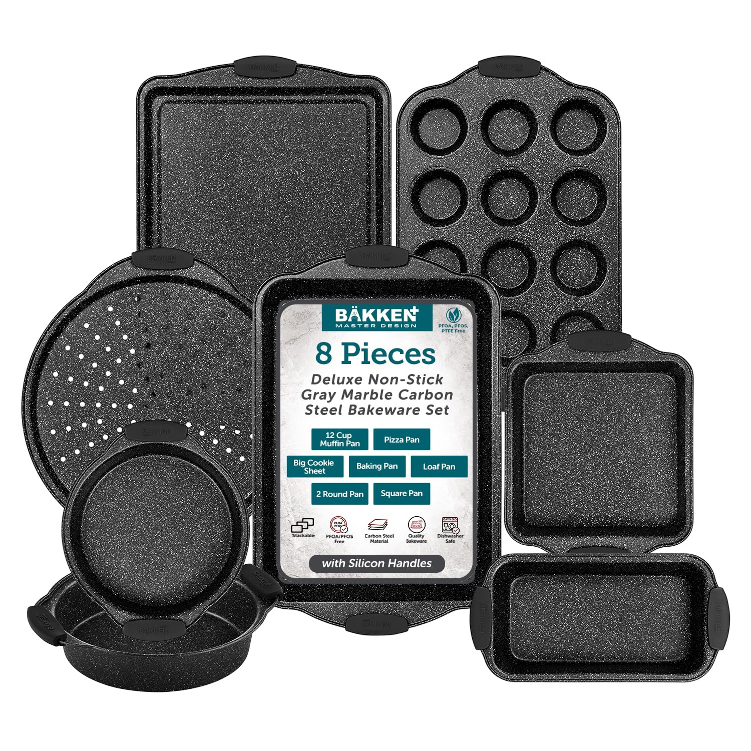 Bakken 8-Piece Kitchen Oven Baking Pans Set - Deluxe Nonstick Gray Marble Coating, Professional Grade Carbon Steel Bakeware With