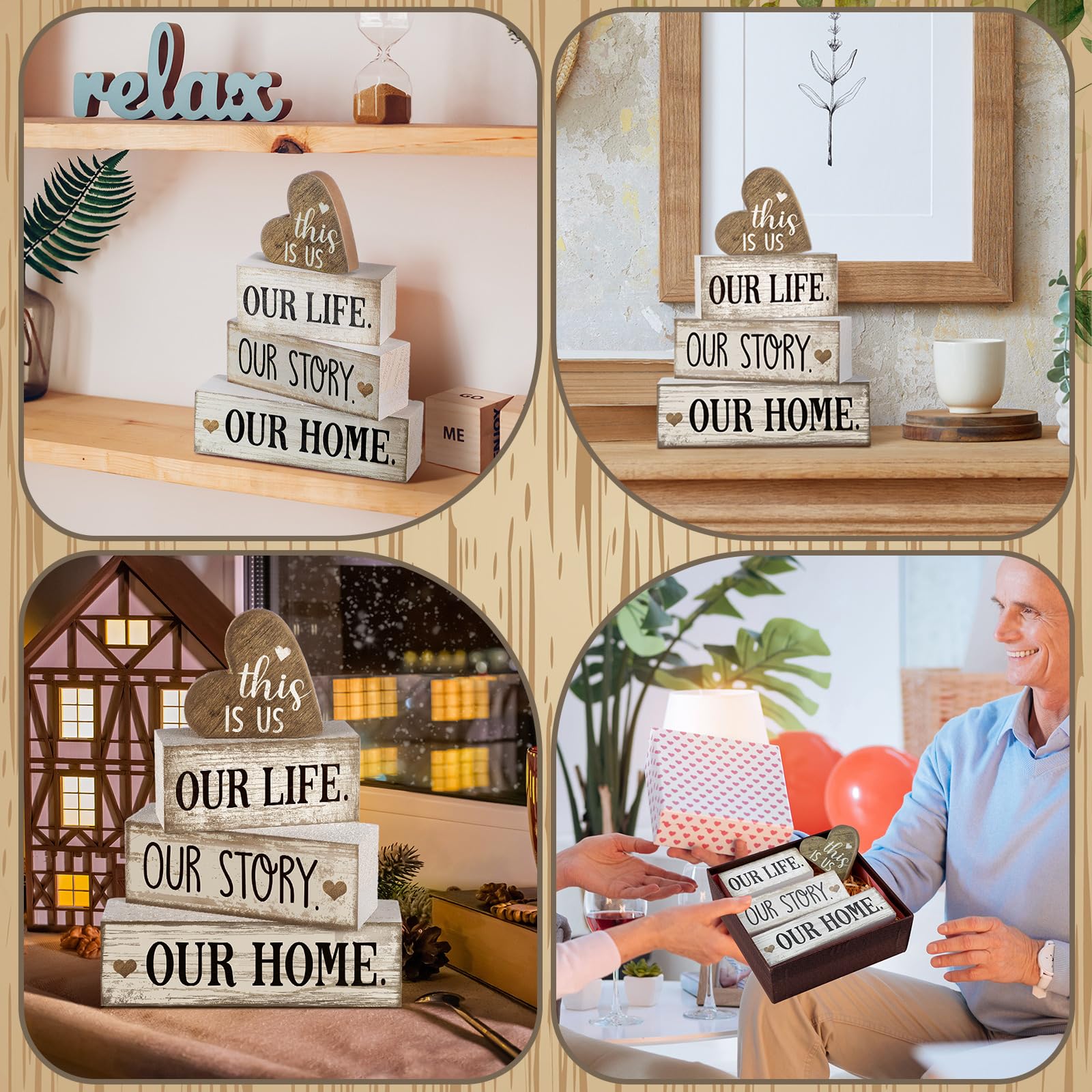 Conelist 4 Pcs Wooden Farmhouse Tabletop Decor Farmhouse Tiered Tray Decor Our Home Centerpiece Wooden Heart Rustic Decorative B
