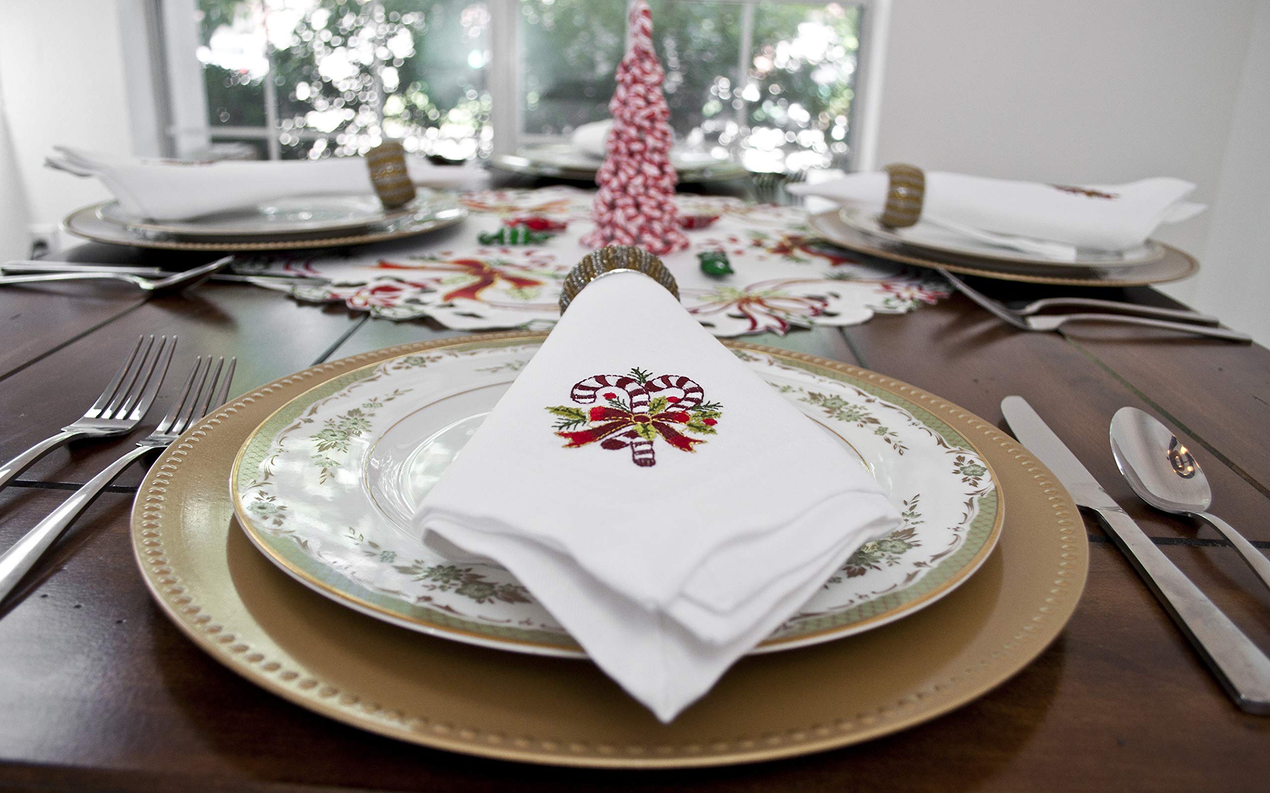 Set Of 4 Embroidered Holiday Candy Canes On White Napkins 19 Inch X 19 Inch Quad Fold Elegant Setting Holiday Decor