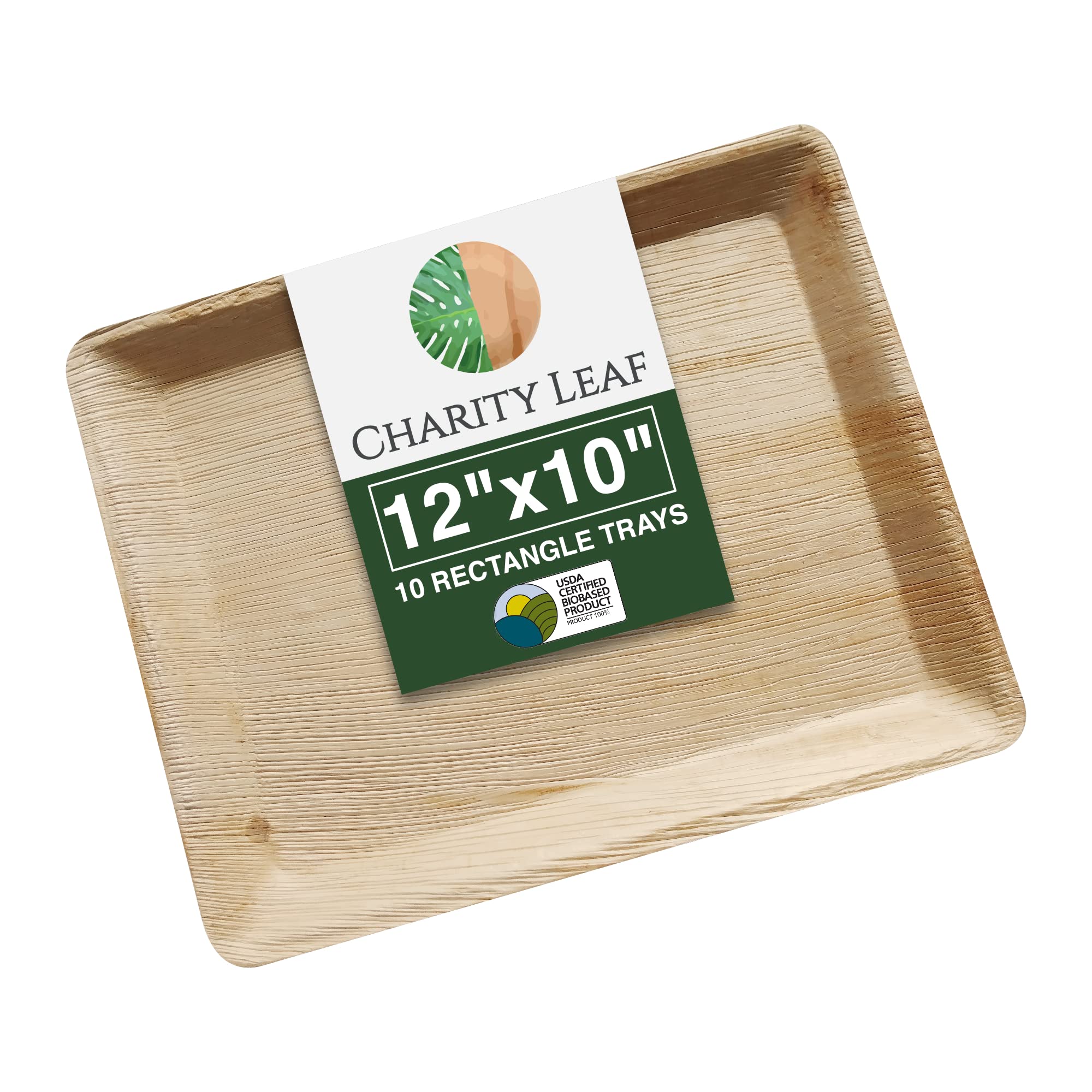 Charity Leaf Disposable Palm Leaf 12'' X 10'' Trays (10 Pieces) Bamboo Like Serving Platters, Disposable Boards, Eco-Friendly Di