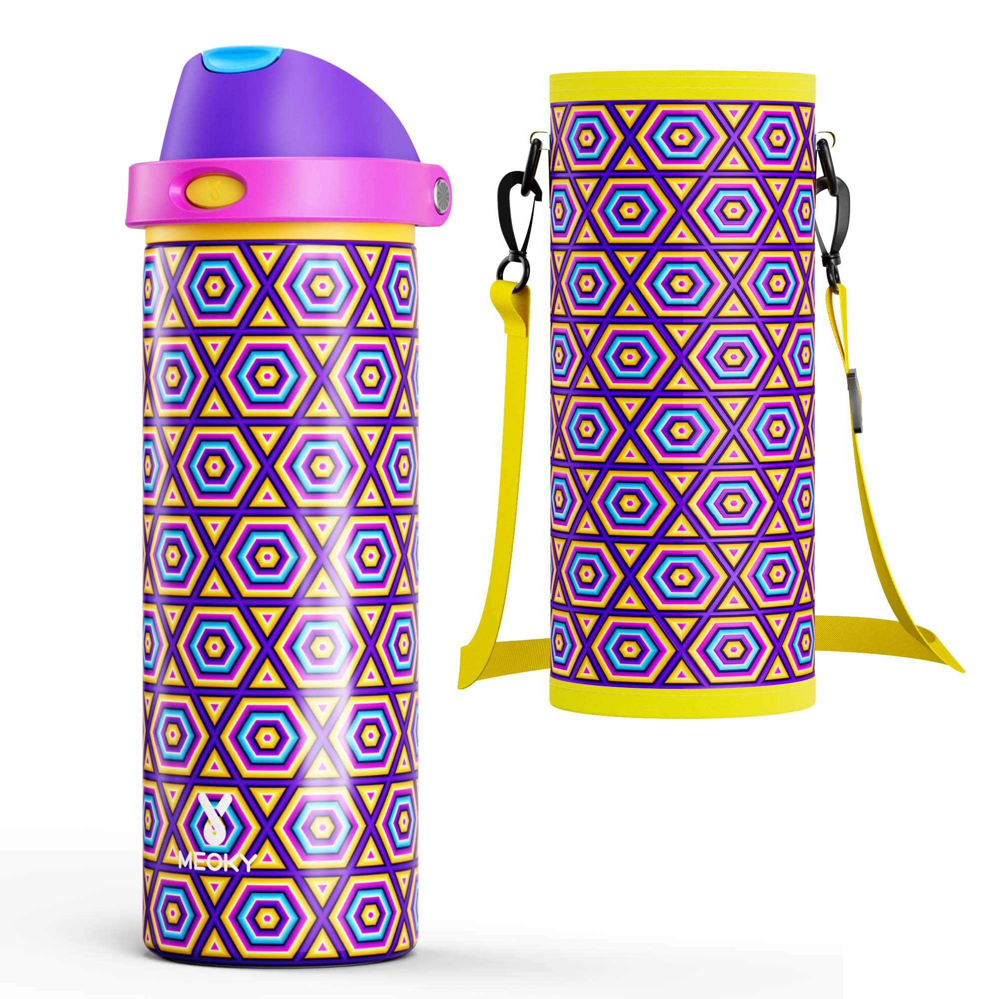 24 oz Insulated Water Bottle for Women: Meoky Stainless Steel Water Bottle with Holder and Shoulder Strap - Leak Proof, Cold for