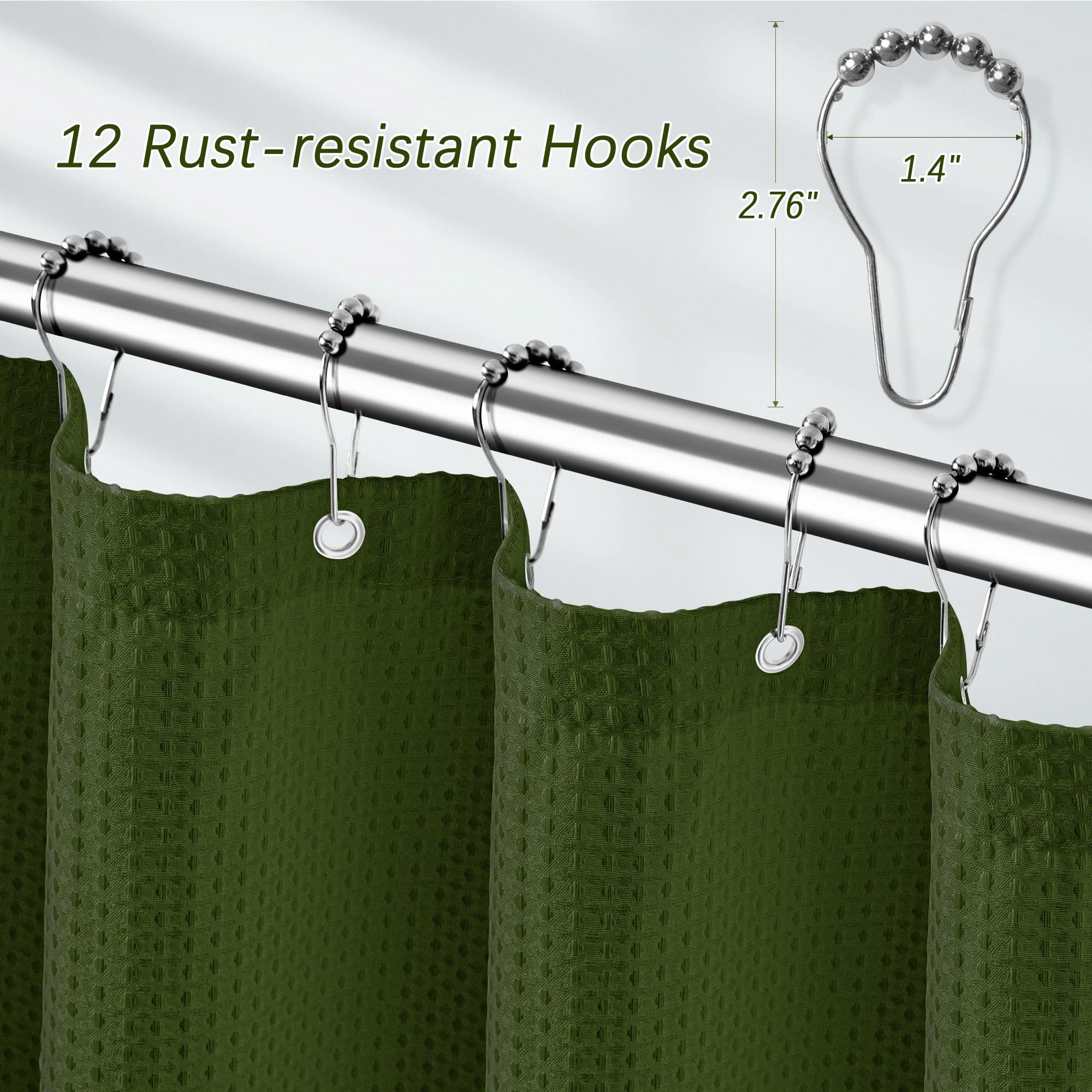Pangsinne Extra Long Green Bathroom Decor Waffle Shower Curtain 96 Inches 256Gsm Heavy Duty Shower Curtain Set, Hotel Quality Wa