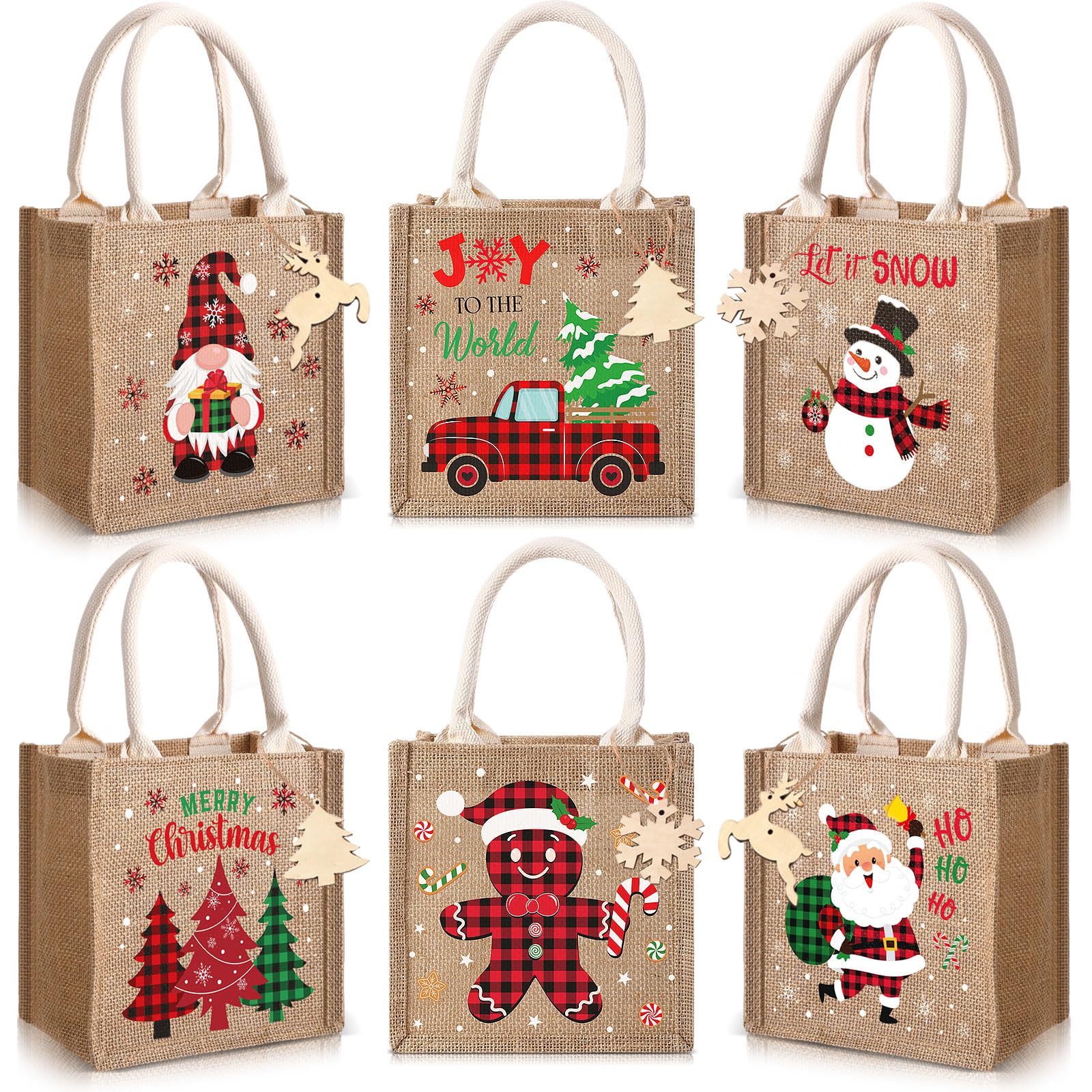 Sweetude 6 Pack Christmas Linen Burlap Bags with Tags Christmas Tote Bags with Handles Plaid Xmas Tree Santa Gingerbread Man Sno