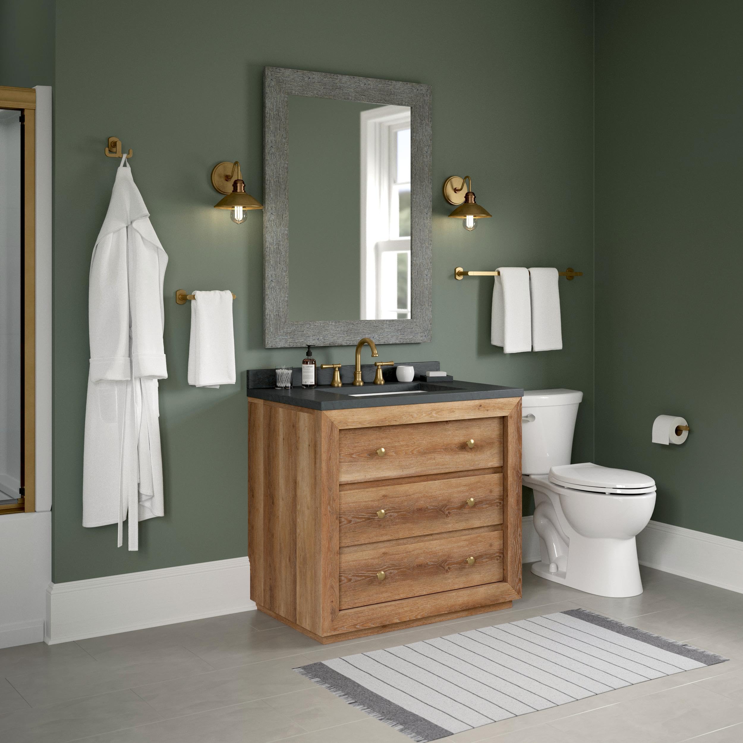 Franklin Brass Granville 4-Piece Bathroom Set Satin Gold 18 Towel Bar W/ 6 Extender, Toilet Paper Holder, Hand Towel Holder, Hoo