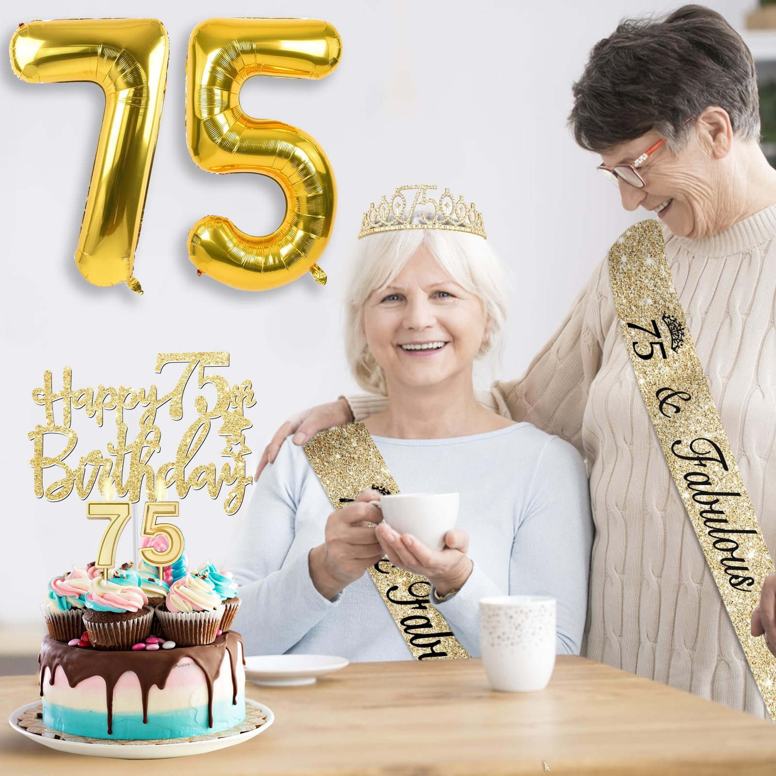 75Th Birthday Decorations Women With 75Th Birthday Sash And Tiara, Happy 75Th Birthday Cake Toppers, Number 75 Candles, Gold 75