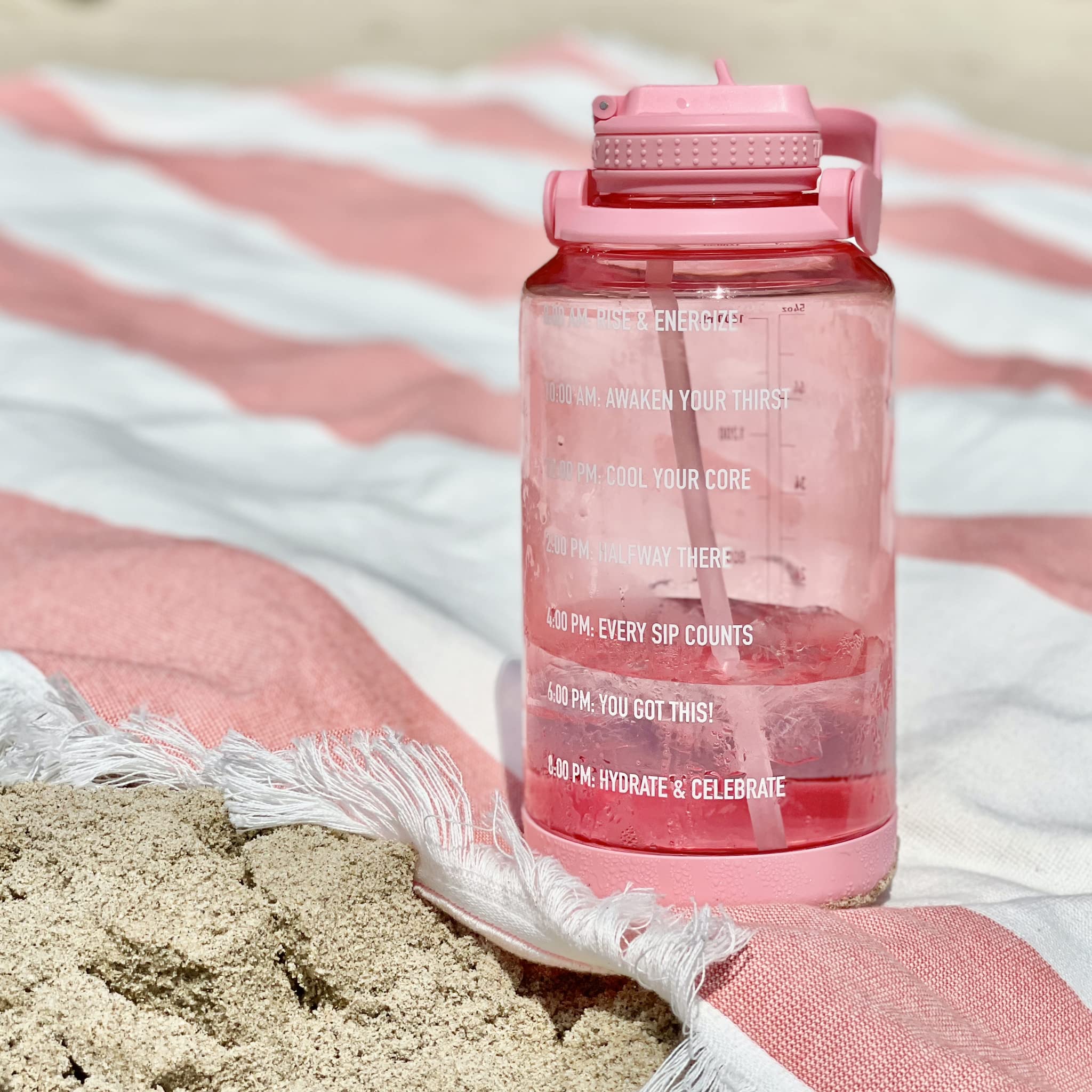 Takeya Premium Quality Motivational Water Bottle With Straw Lid, Times To Drink, Bpa Free Tritan Plastic, 64 Ounce, Flutter Pink