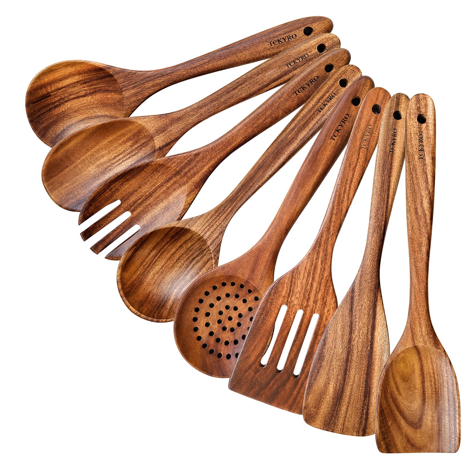 TCKYRO 8 Piece Wooden Kitchen Utensils Set, Teak Wooden Spoons for Cooking