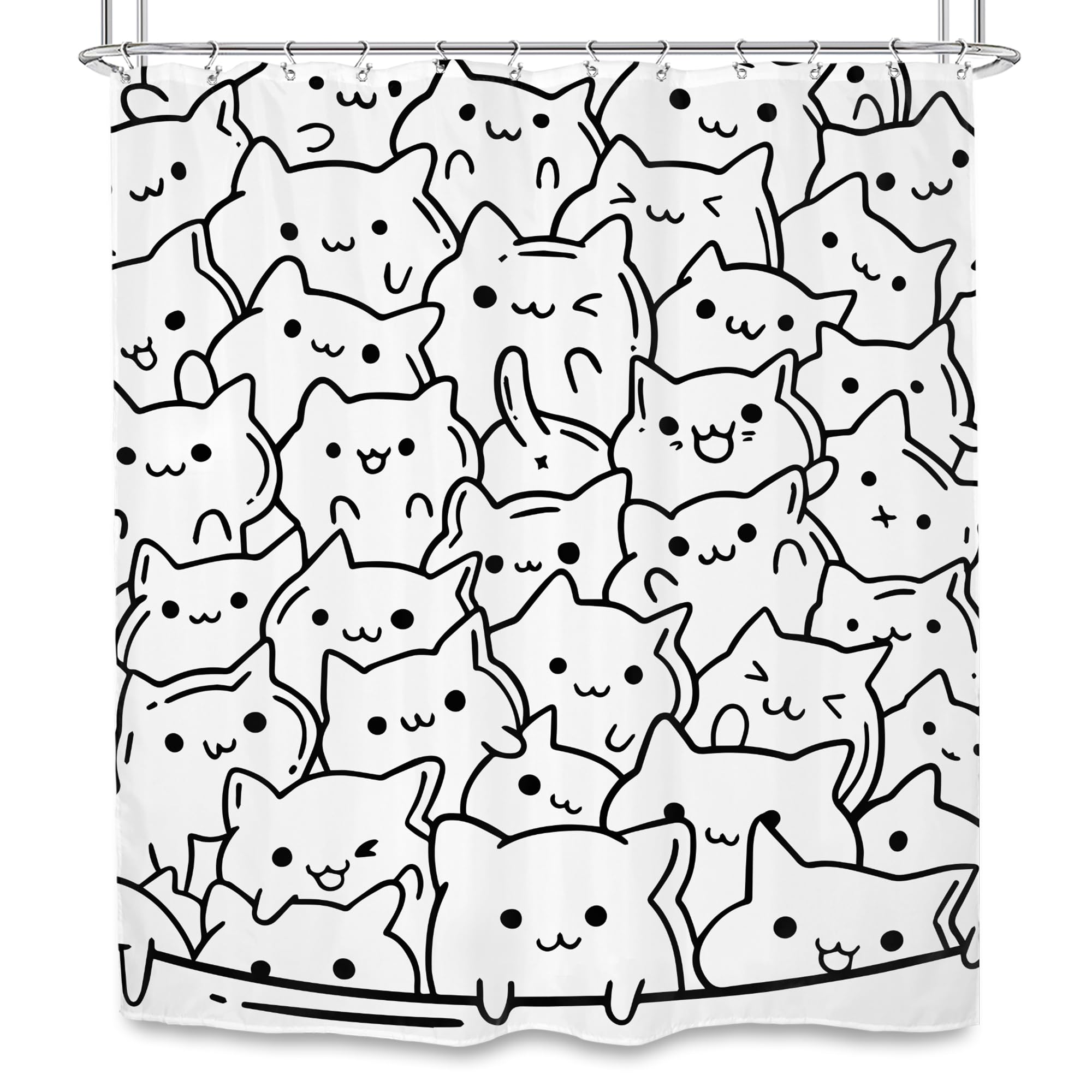 SVBright Cat Shower Curtain 60Wx72L Inch Kids Funny Black White Animal Cute Silhouette Kitty Kitten Simple Line Humor Girls Boys 12 Pack Hooks Polyester Waterproof Fabric Bathroom Bathtub Panels