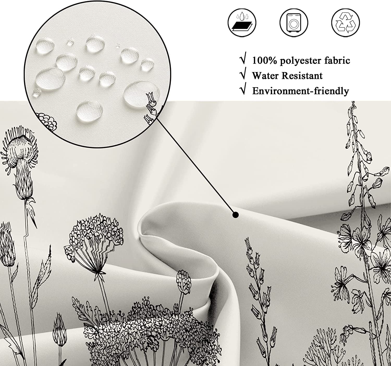 Riyidecor Wild Floral Shower Curtain Botanical Herbs Tulip Plant Nature Blossom Flower Leaf Sketch Gross Waterproof Fabric 60Wx7