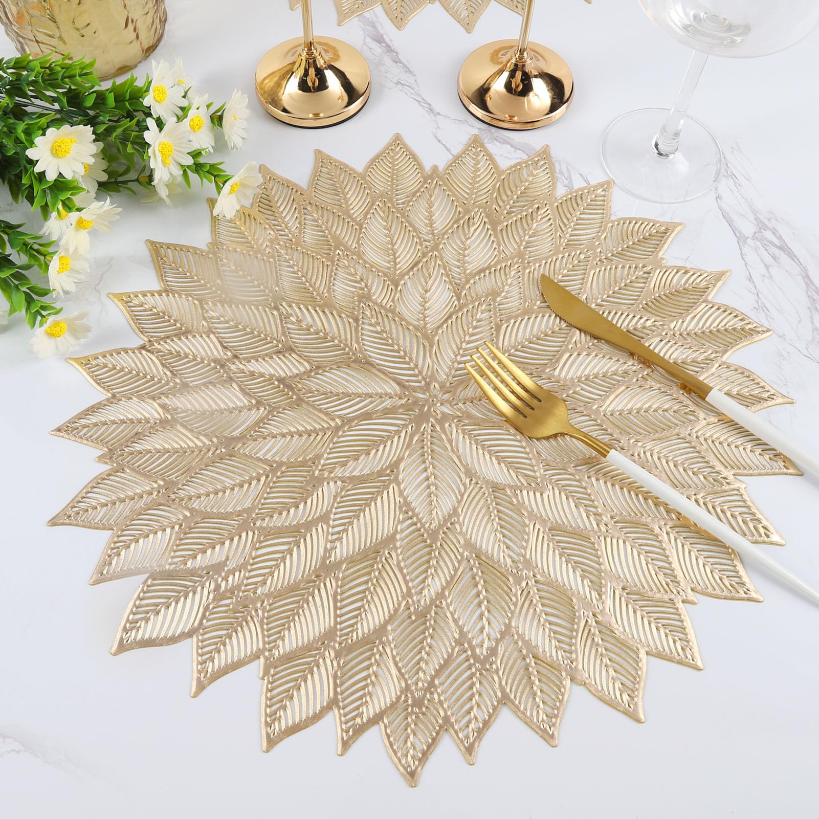 Mabbcoo Placemats Set Of 6, Round Hollow Out Flowers Place Mats For Dining Table Pressed Vinyl Blooming Leaf Table Mats For Holi