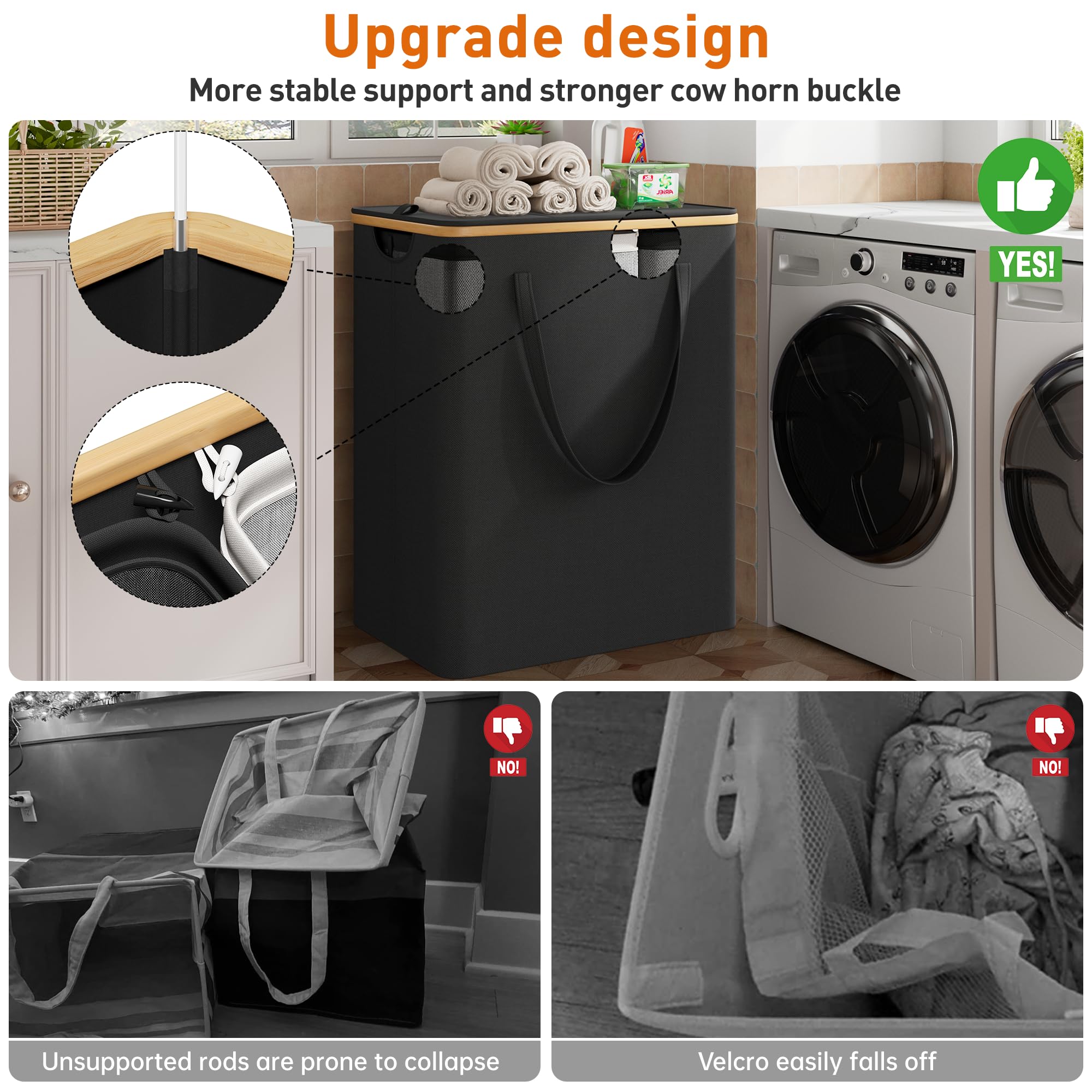 Raybee 170L Laundry Basket With Lid, Laundry Hamper With Lid, Dirty Laundry Hamper 3 Section Divided Laundry Basket Organizer Fo