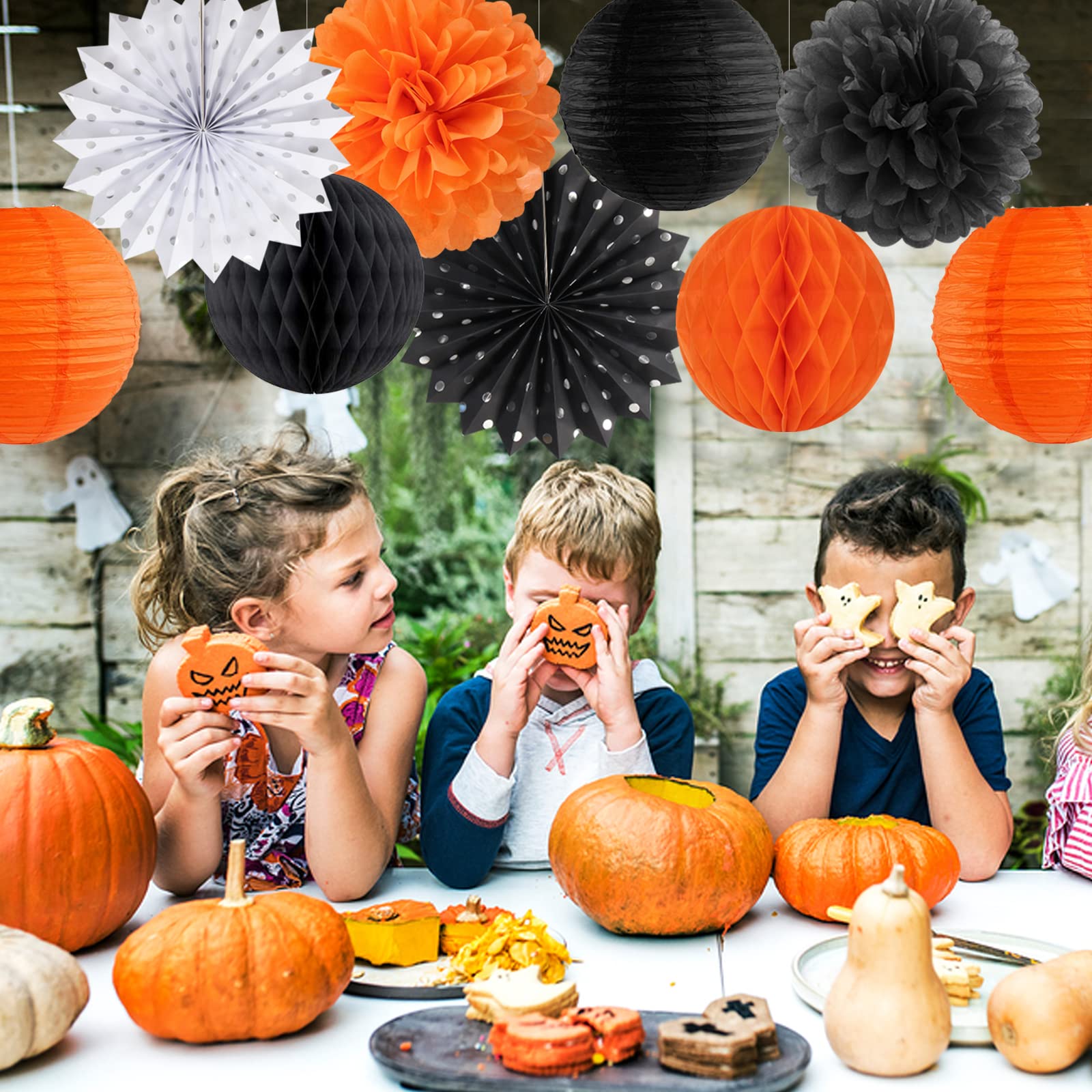 Black Orange White Halloween Party-Decorations - 14Pc Kit Paper Lanterns Fan,Tissue Flower Pom Poms Streamers,Honeycomb Balls,Gr