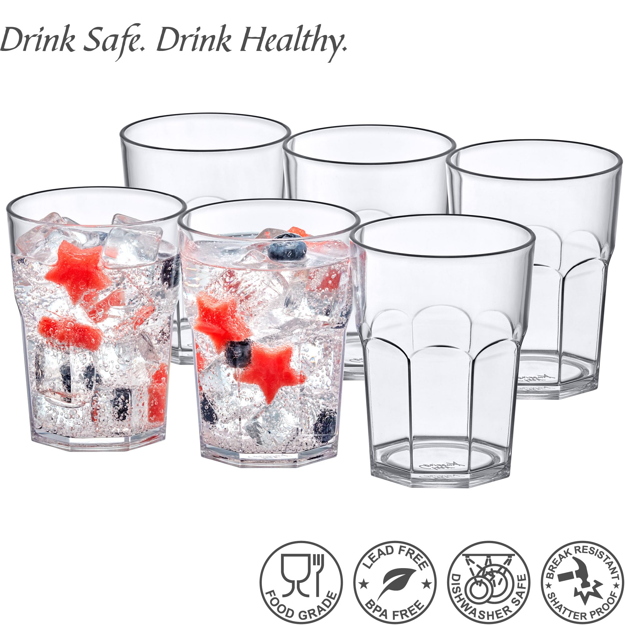 Amazing Abby - Affinity - 14-Ounce Plastic Tumblers (Set Of 6), Plastic Drinking Glasses, All-Clear Reusable Plastic Cups, Stack