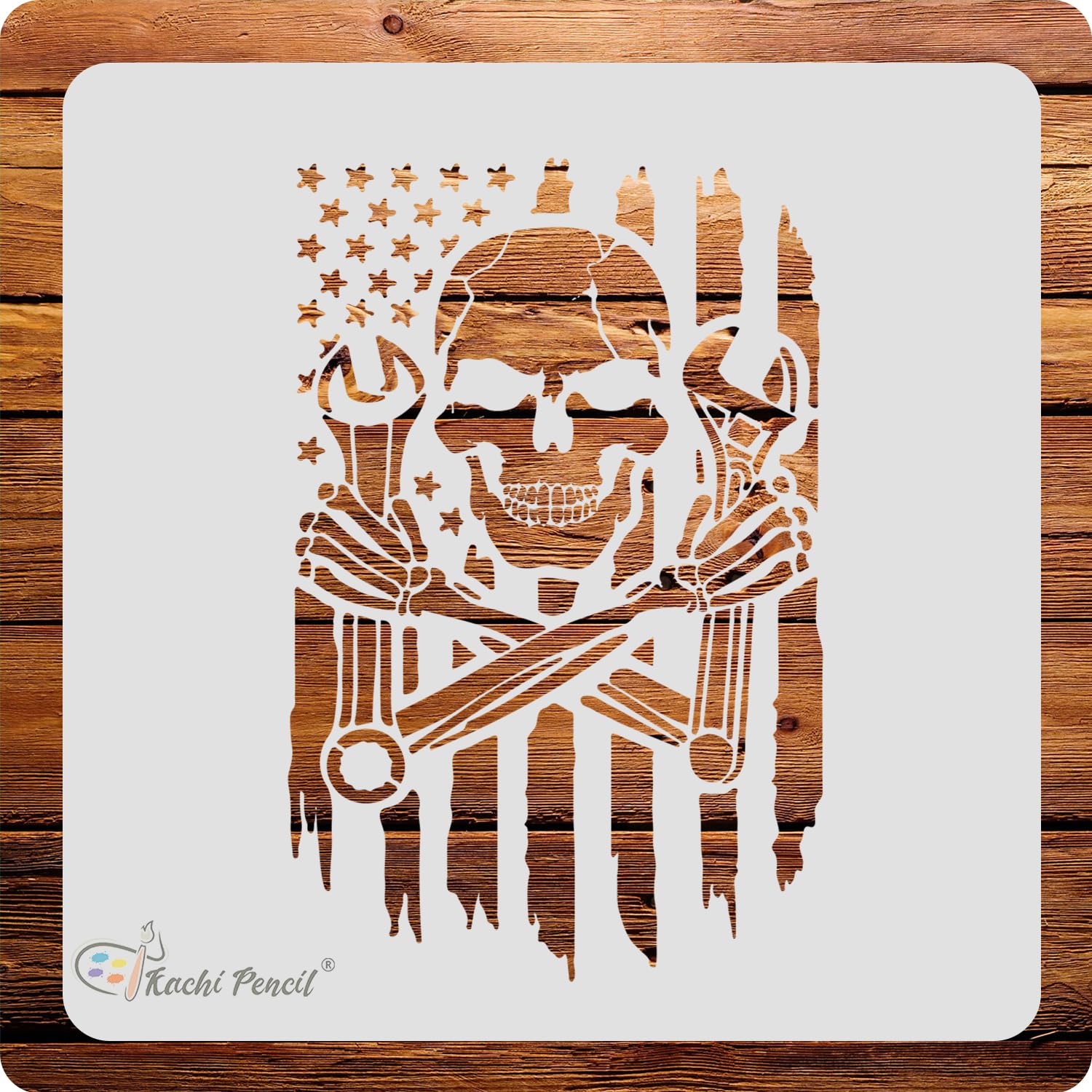 Kachi Pencil Skull Mechanic American Flag Stencil for Craft Painting, Scrapbooking |, Size 6 x 6 inch Reusable Stencils for Pain