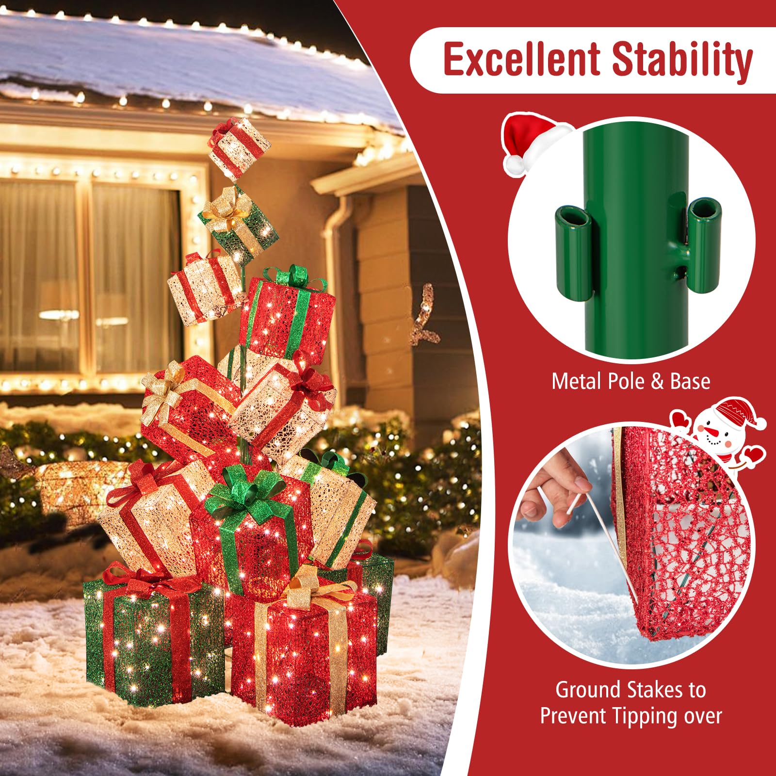 Goplus Lighted Boxes Tower, 15 Pieces Stackable Pre-lit Xmas Present Boxes w/ 450 Warm White Lights, Metal Base, Stakes & Bows,