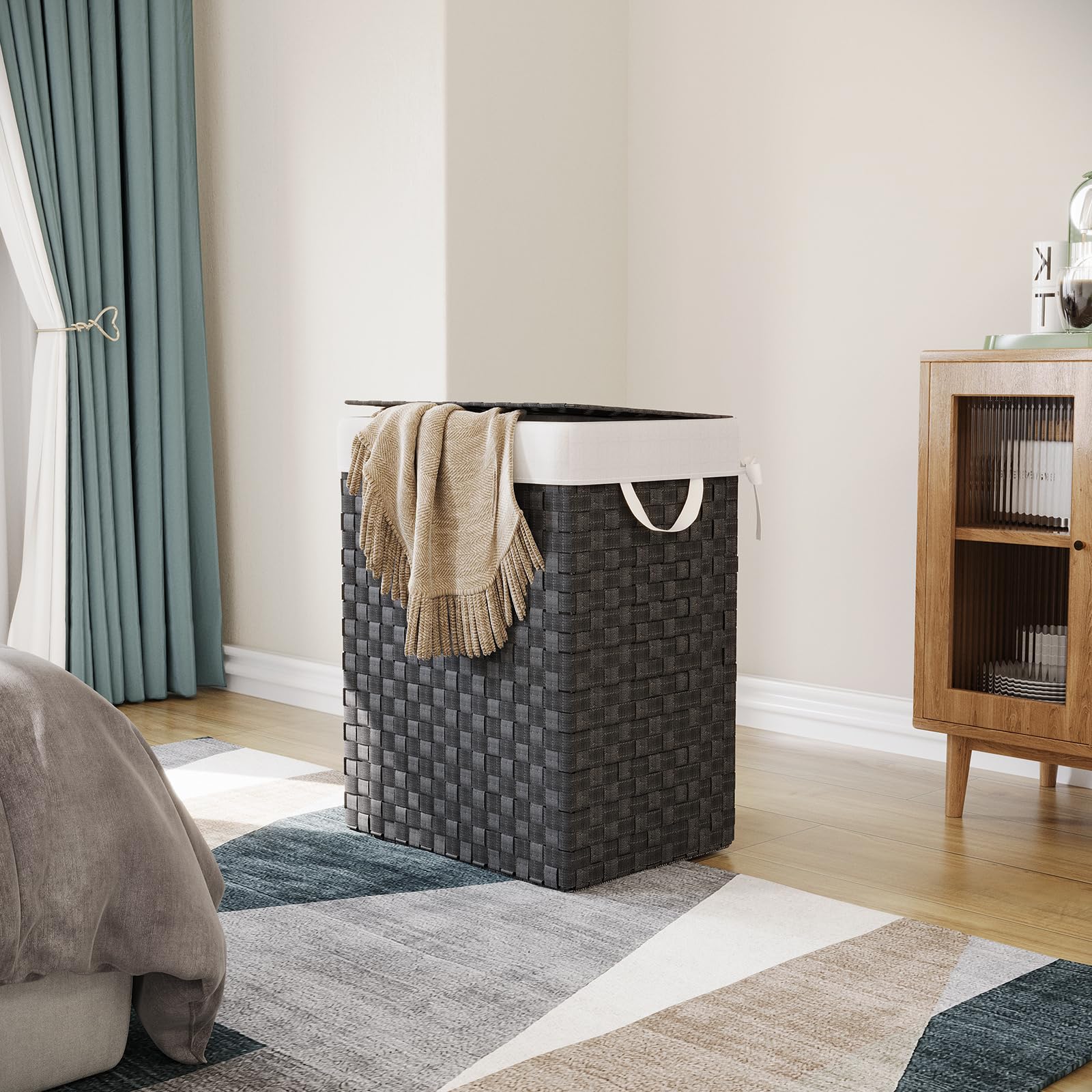Fiona's magic Laundry Hamper Basket with Lid  Handwoven 90L Large Clothes Hamper with Removable Liner Bags  Collapsible Black Tall Hamper for Bathroom  Bedroom and Dorm Room Organizer
