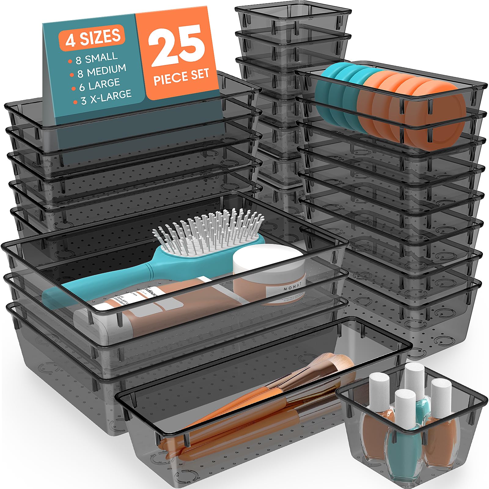 SpaceHacks 25 PCS Plastic Drawer Organizer Set, 4-Size Versatile Organizer Trays & storage Bins for Makeup, Jewelry, and Gadgets