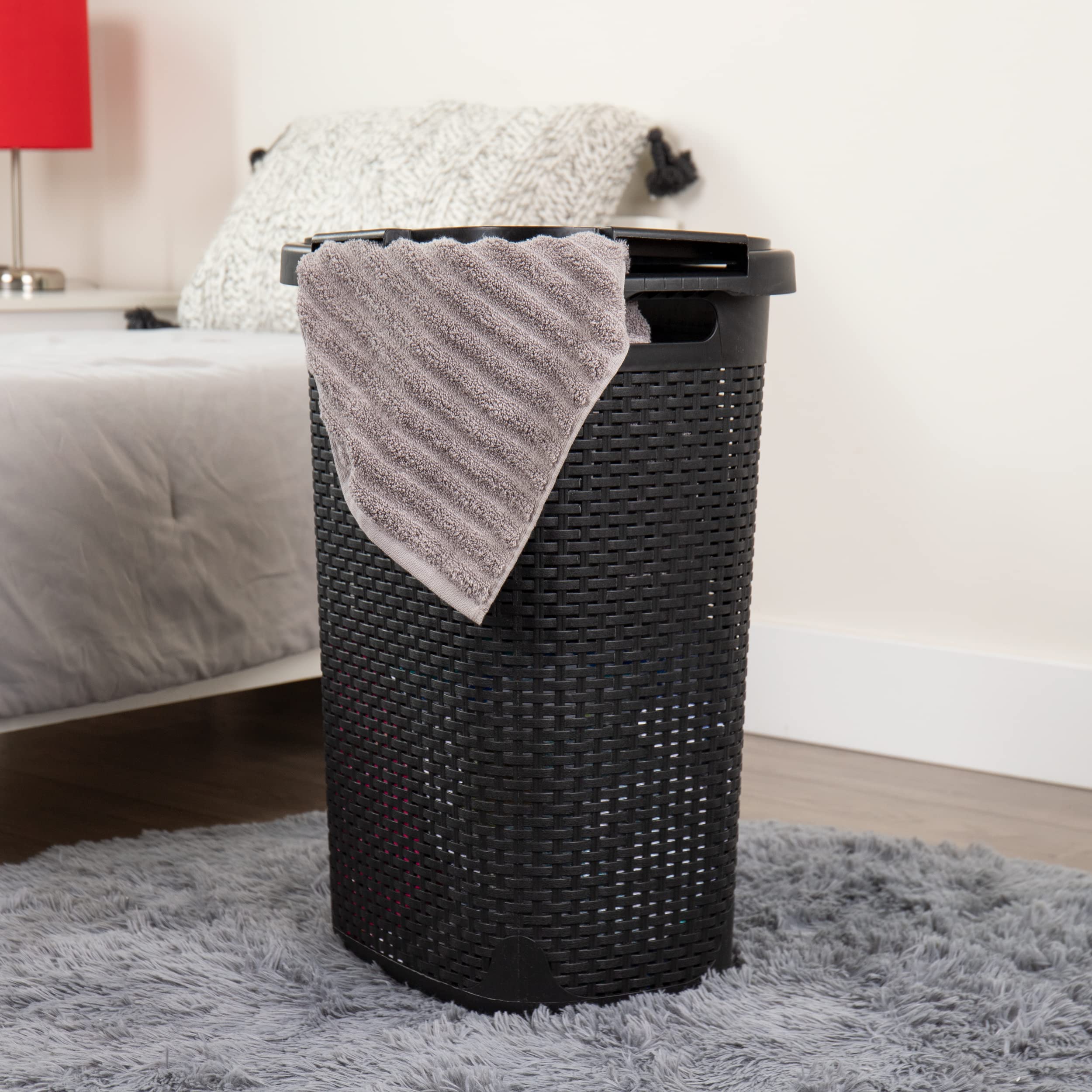Mind Reader 60L Slim Laundry Hamper, Clothes Basket, Lid, Wicker Design, Plastic, 17.65''L X 13.75''W X 24.15''H, Black