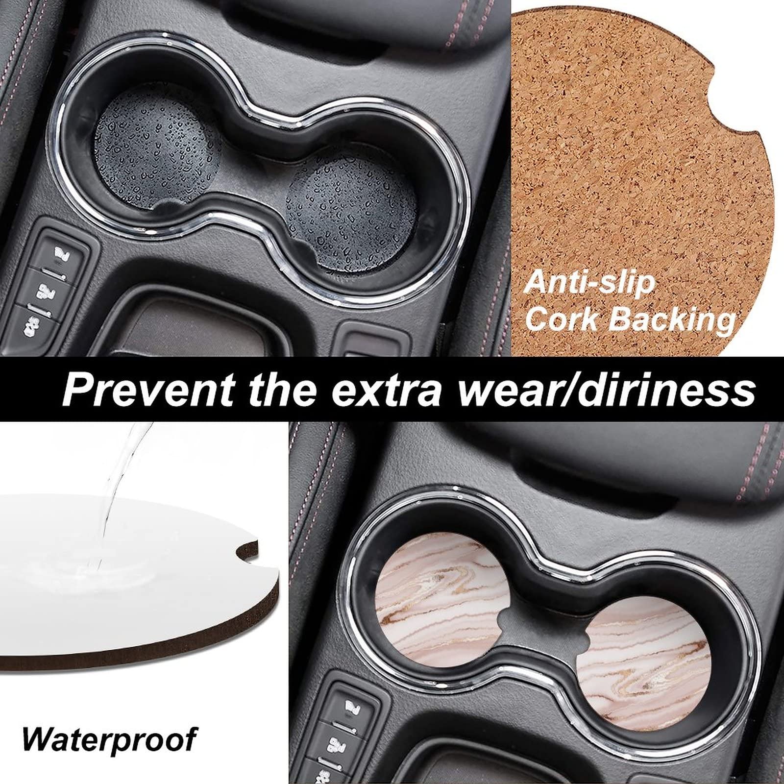 Absorbent Car Cupholder Coaster 2 Pack, Ceramic Stone Coaster With A Finger Notch For Women, Cork Base Drink Coasters 256 Inch,