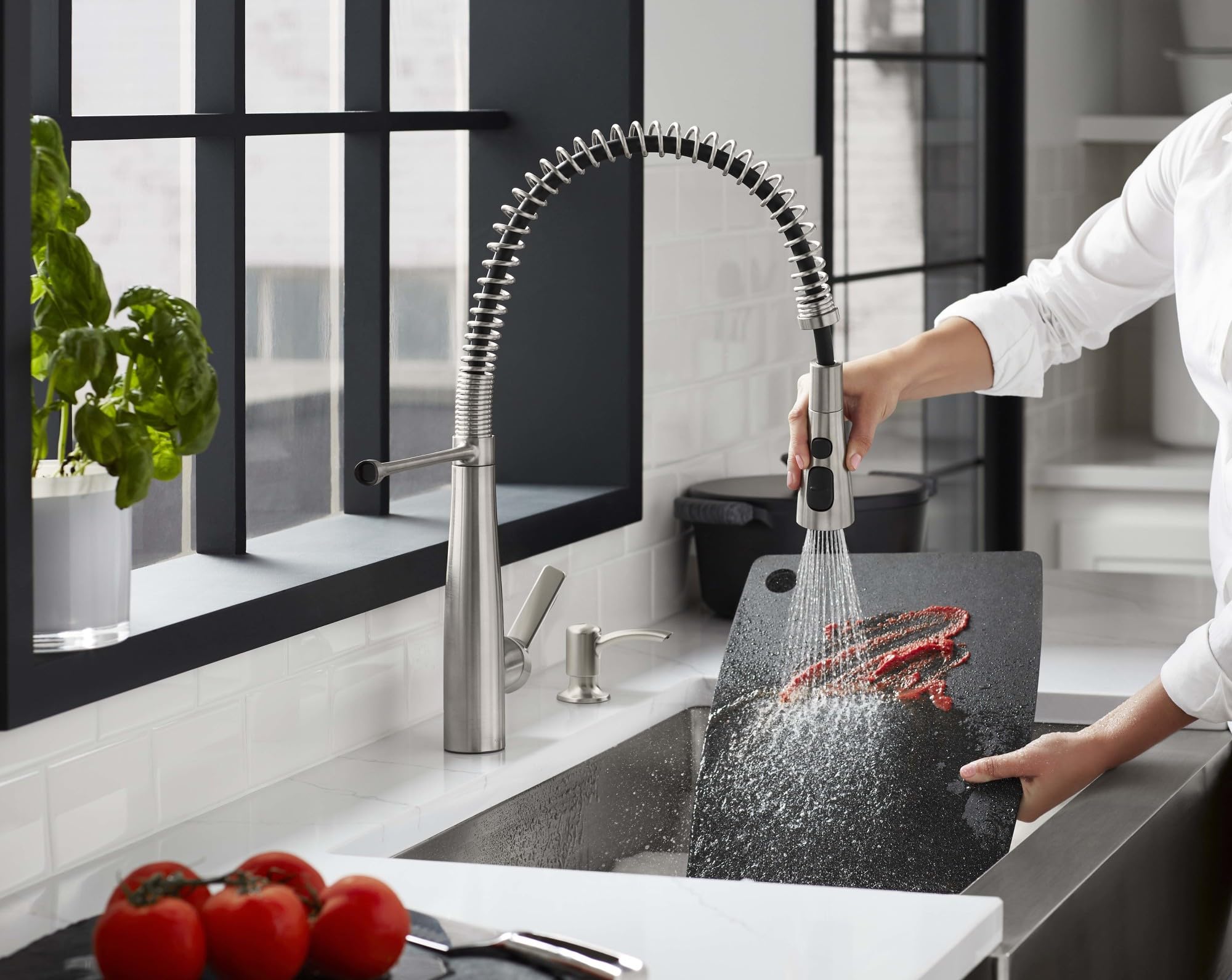 KOHLER Semi-Professional Kitchen Faucet with Soap Dispenser, Pull-Down Sprayhead, Vibrant Stainless, Model R22745-SD-VS