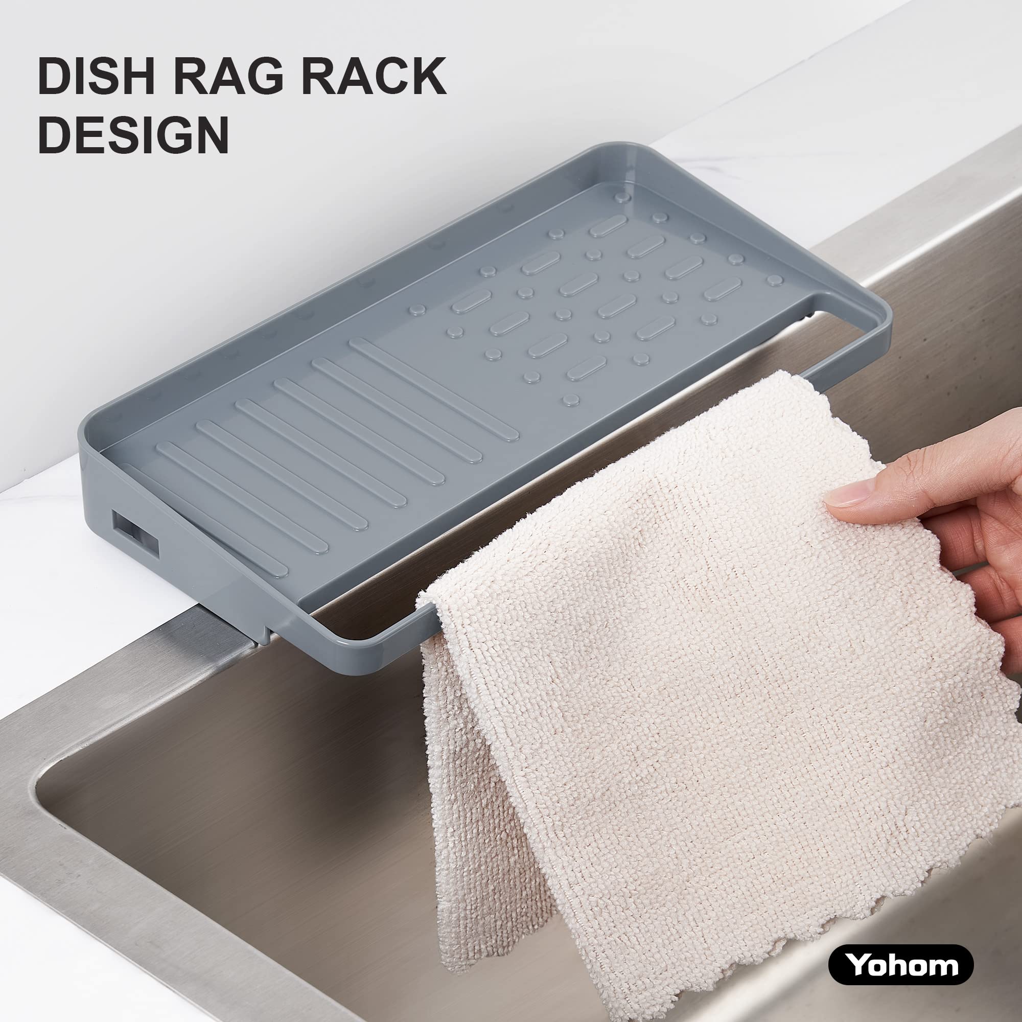 Yohom Suction Cup Sponge Holder For Kitchen 2-In-1 In Sink Dish Rag Holder For Undermount Sink Plastic Scrubber Sponge Tray Orga
