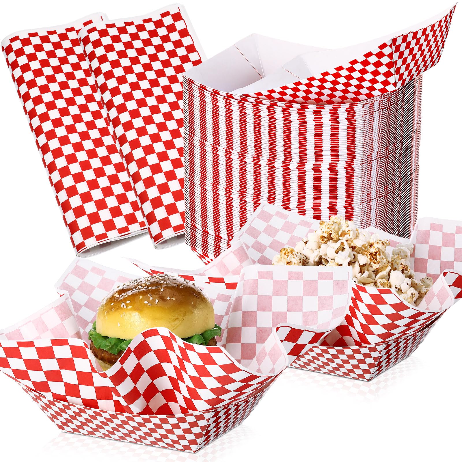 Geosar 200 Pcs Gingham Party Supply Disposable Paper Food Tray Bulk Disposable Food Boat with Checkered Wax Paper Sheet Checkere