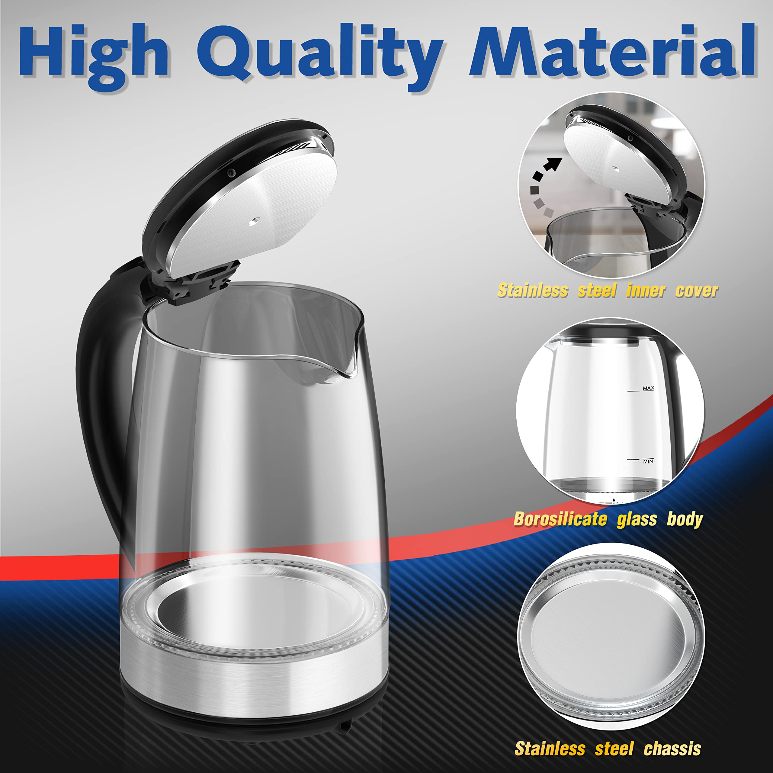 Dezin Electric Kettle, Bpa-Free 2L Electric Water Heater, Glass Electric Tea Kettle, 304 Stainless Steel Hot Water Kettle Warmer
