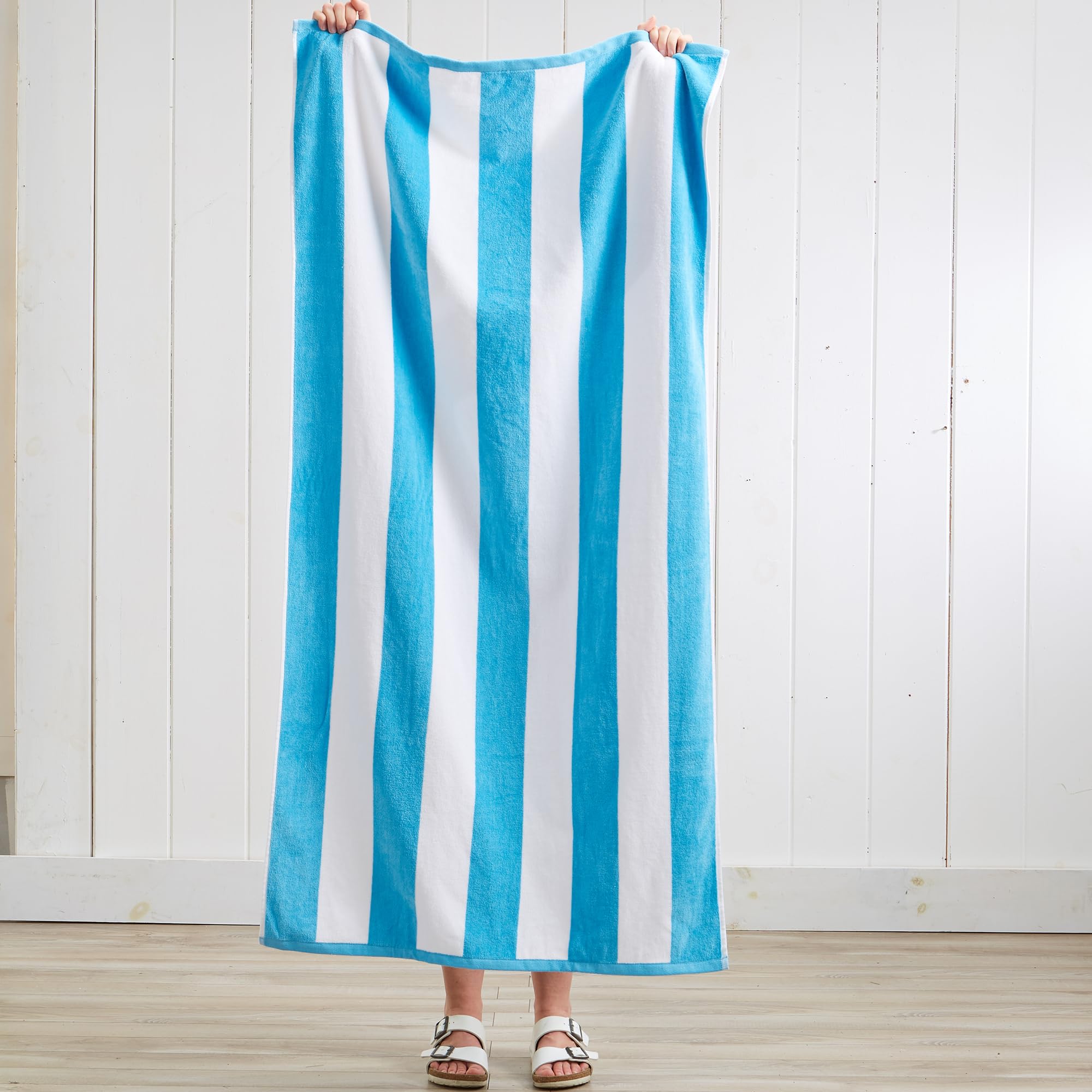 Great Bay Home 100% Cotton Velour 4 Pack Beach Towels | Blue Cabana Stripe Pool Towels | Quick Dry, Large Swim Towels For Adults