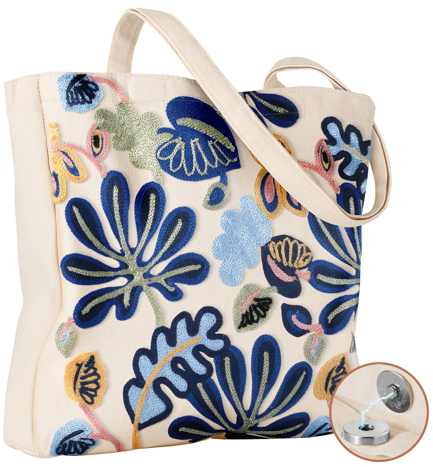 Miss Adola Aesthetic Embroidery Tote Bag for Women - Reusable Canvas Cloth Shoulder Bag with Cute 3d Abstract Floral Embroidered
