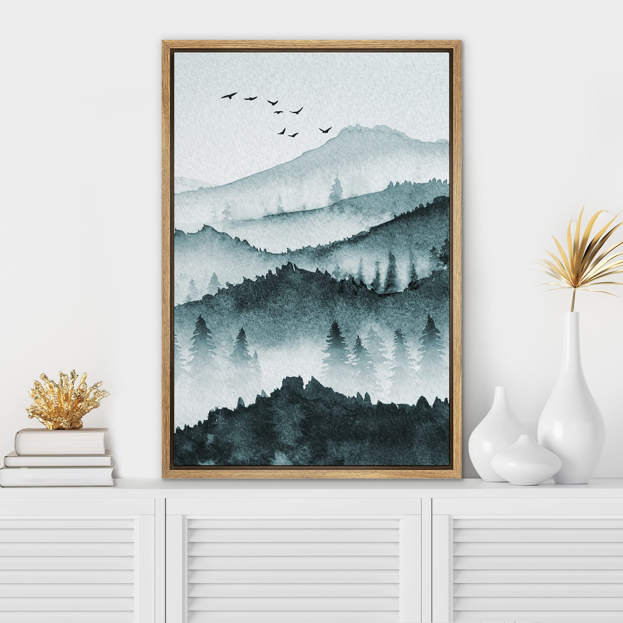 Signwin Framed Canvas Print Wall Art Woodland Nursery Decor Birds Flying Watercolor Mountain Forest Nature Modern Art Decorative