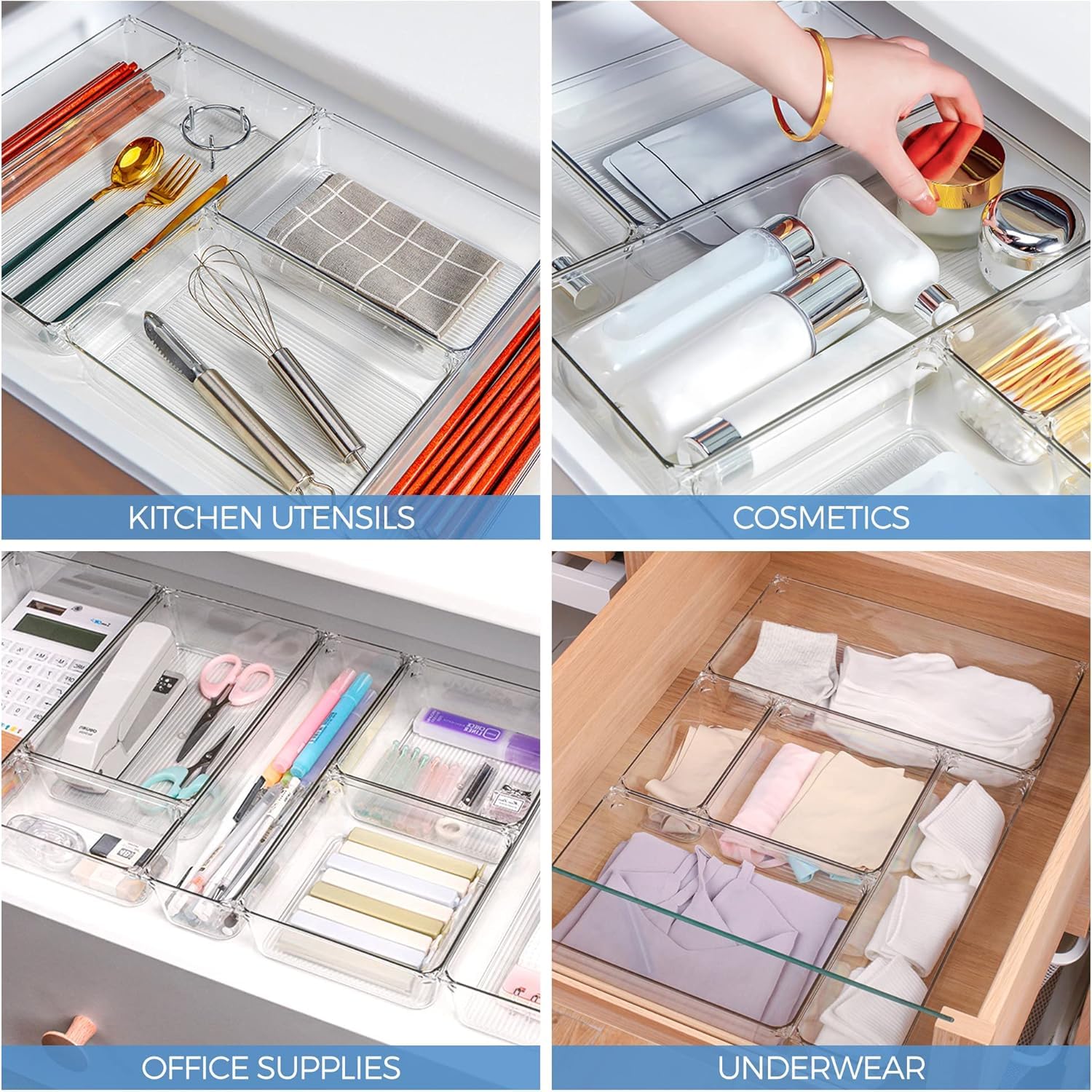 Zollyss 7 Pcs Desk Drawer Organizers Trays Set Clear Plastic Storage Bins Bathroom Drawer Tray Dividers Vanity Trays Organizer f