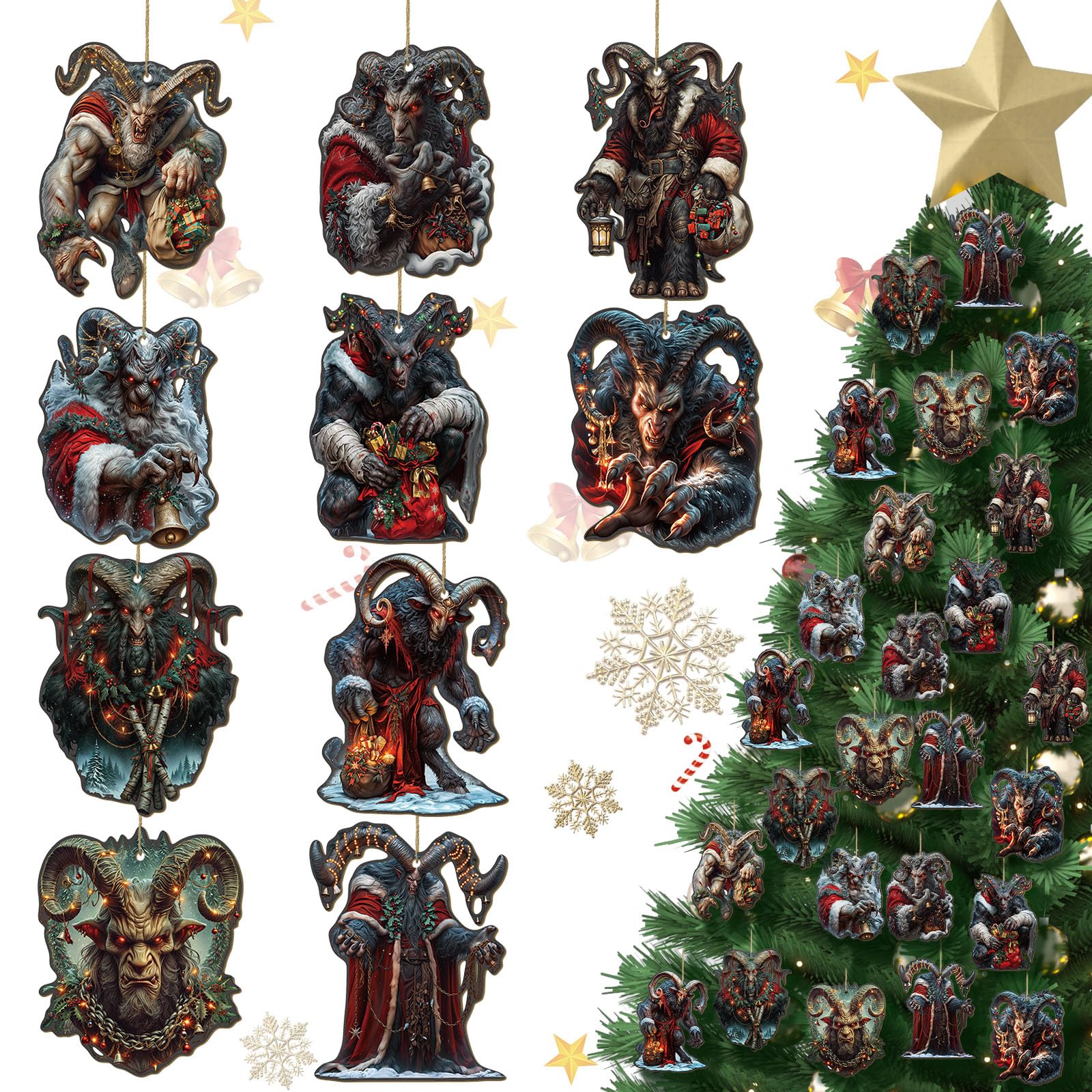 Patelai 40 Pcs Christmas Ornaments Wooden Krampus Ornaments Scary Christmas Hanging Decorations for Tree Farmhouse Krampus Tree 