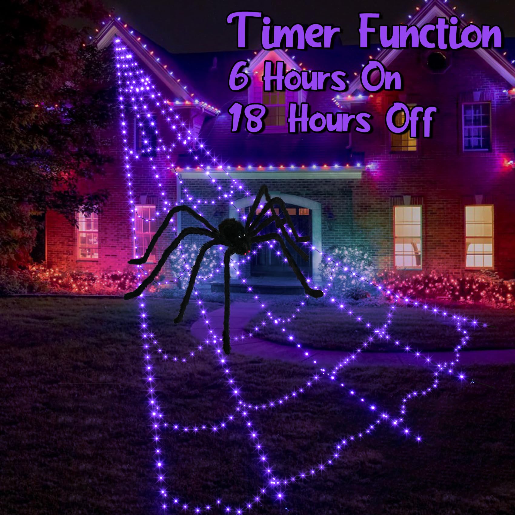 Spider Web Lights for Halloween Decorations Outdoor - 455 LEDs, 8 Lighting Modes, 16.4 Ft Light Up Giant Spider Web (Purple)