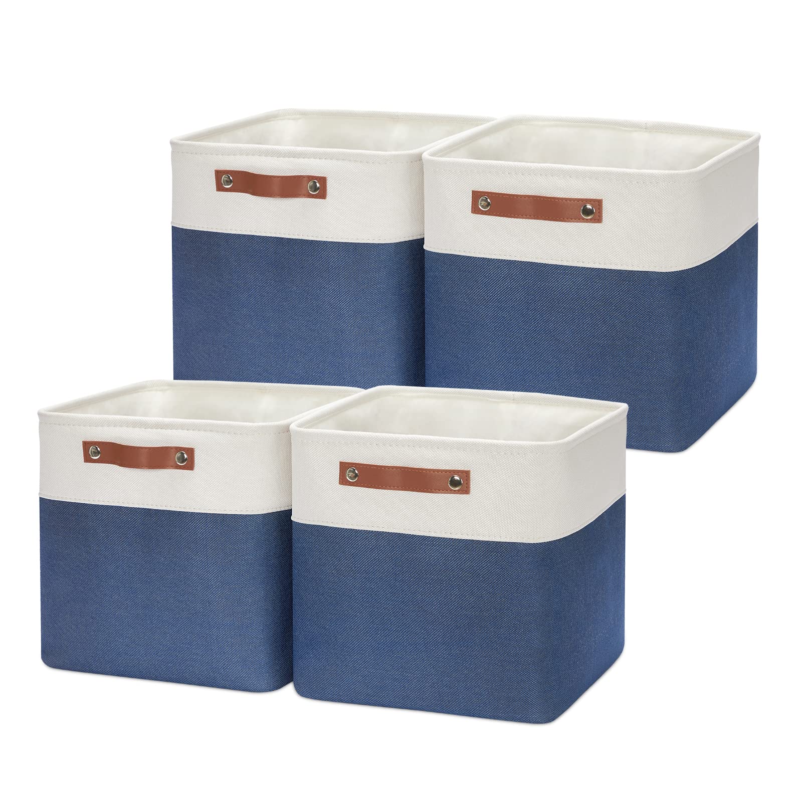 Hnzige Fabric Storage Basket(4 Pack ) Linen Baskets For Organizing,12X12 Storage Bins For Shelves,Towels,Blankets,Toys With Leat