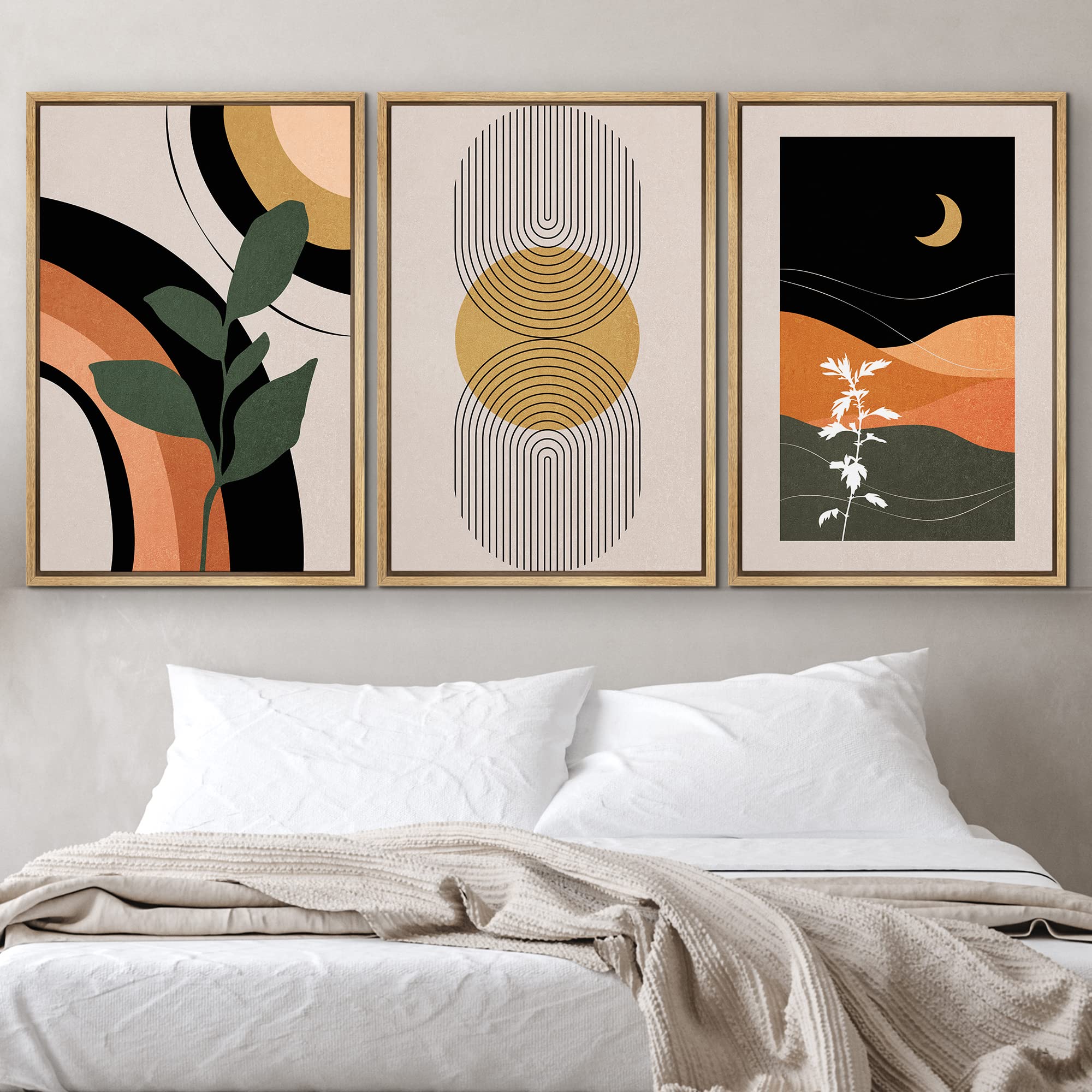 Idea4Wall Framed Canvas Print Wall Art Set Mid-Century Geometric Plant Polygon Landscape Abstract Shapes Illustrations Minimalis