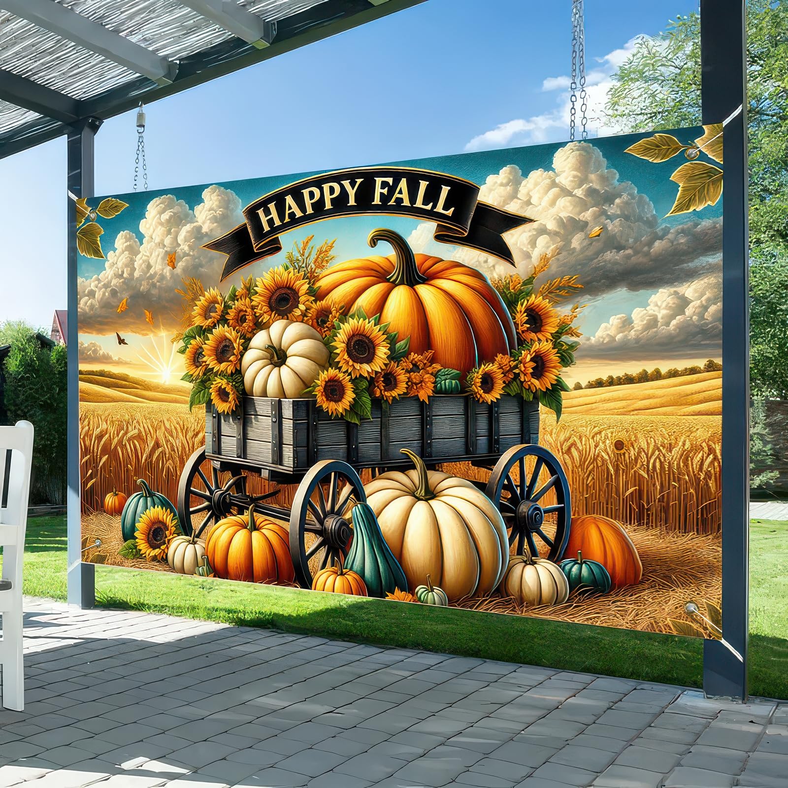 BlissYard 71x43 Inchs Happy Fall Banner Autumn Sunflower Pumpkin Backdrop Outdoor Indoor Decorations Fall Thanksgiving Truck Ban