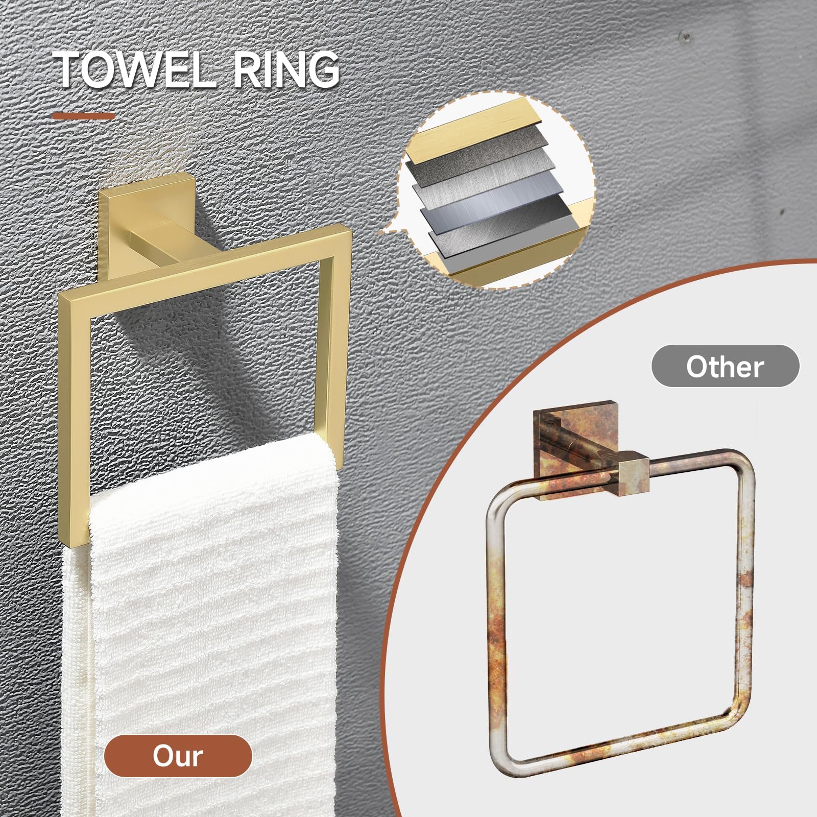 Tqkag 5-Piece Bathroom Accessories Set Brushed Gold Bathroom Hardware Set Sus304 Stainless Steel Classic Wall Mounted Towel Bar