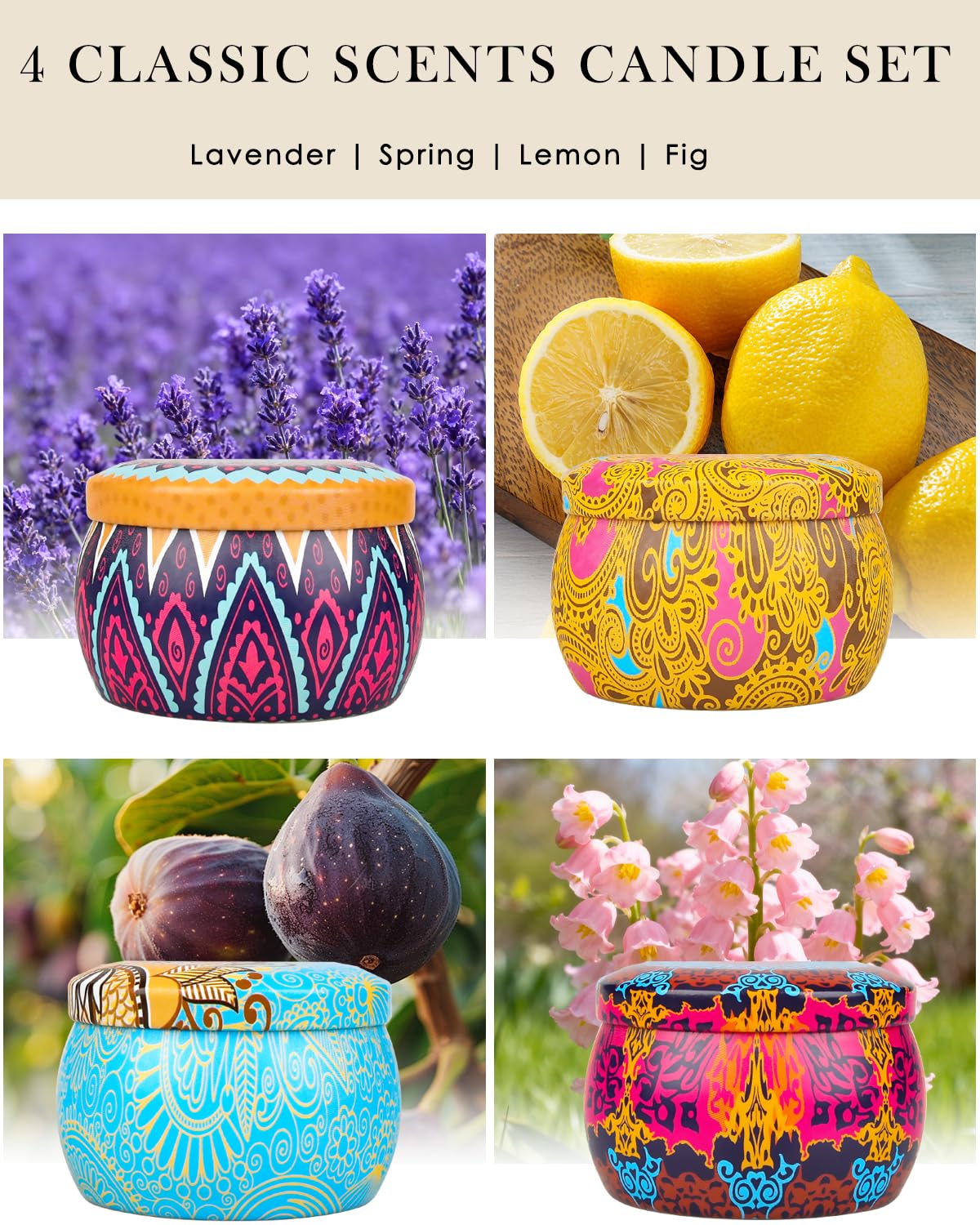 Gifts for Women, Scented Candles Gifts Set for Women/Mom, 4 Pack Aromatherapy Candles for Home Scented, 120H Burning, Stress Rel