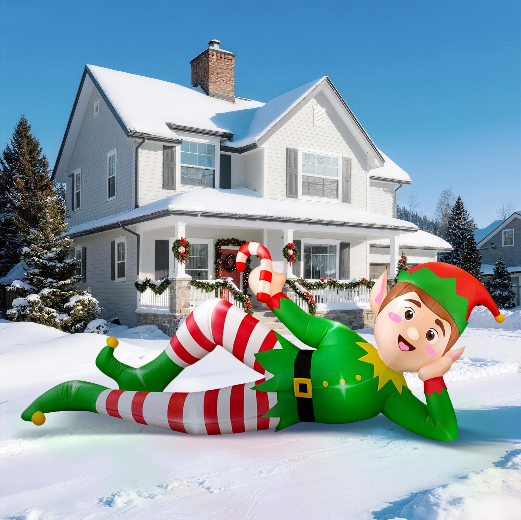 CORALMEE 8 FT Christmas Inflatable Outdoor Decoration, Lying Elf Christmas Blow up Yard Decorations with LED Lights, Elf Inflata
