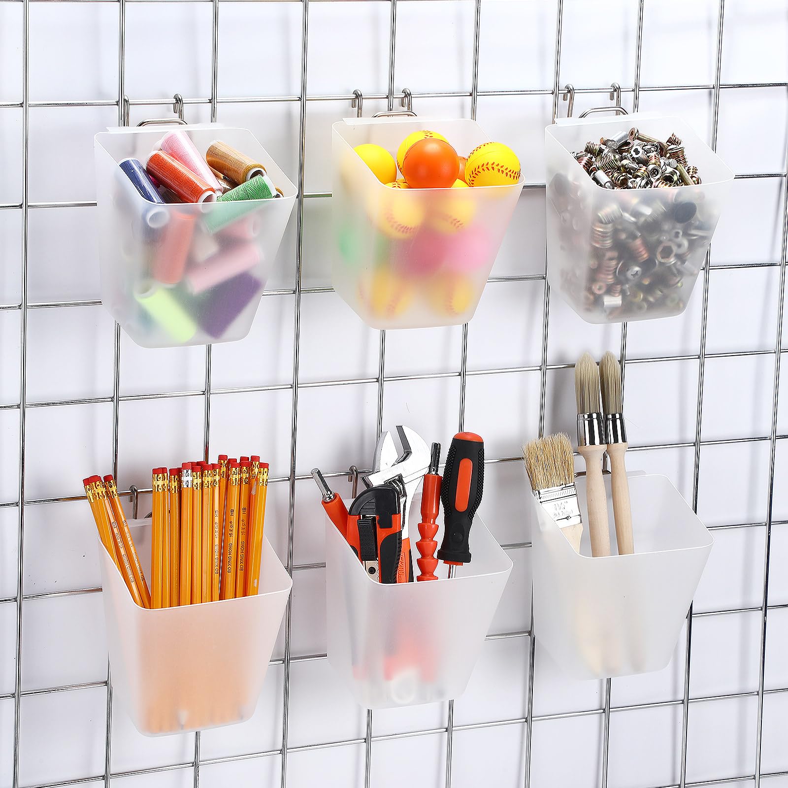 LOYIM 6 Pack Large Gridwall Cups Gridwall Storage Bin with Hooks Hanging Baskets Square Box Shape Hanging Cup Holder Gridwall Ac