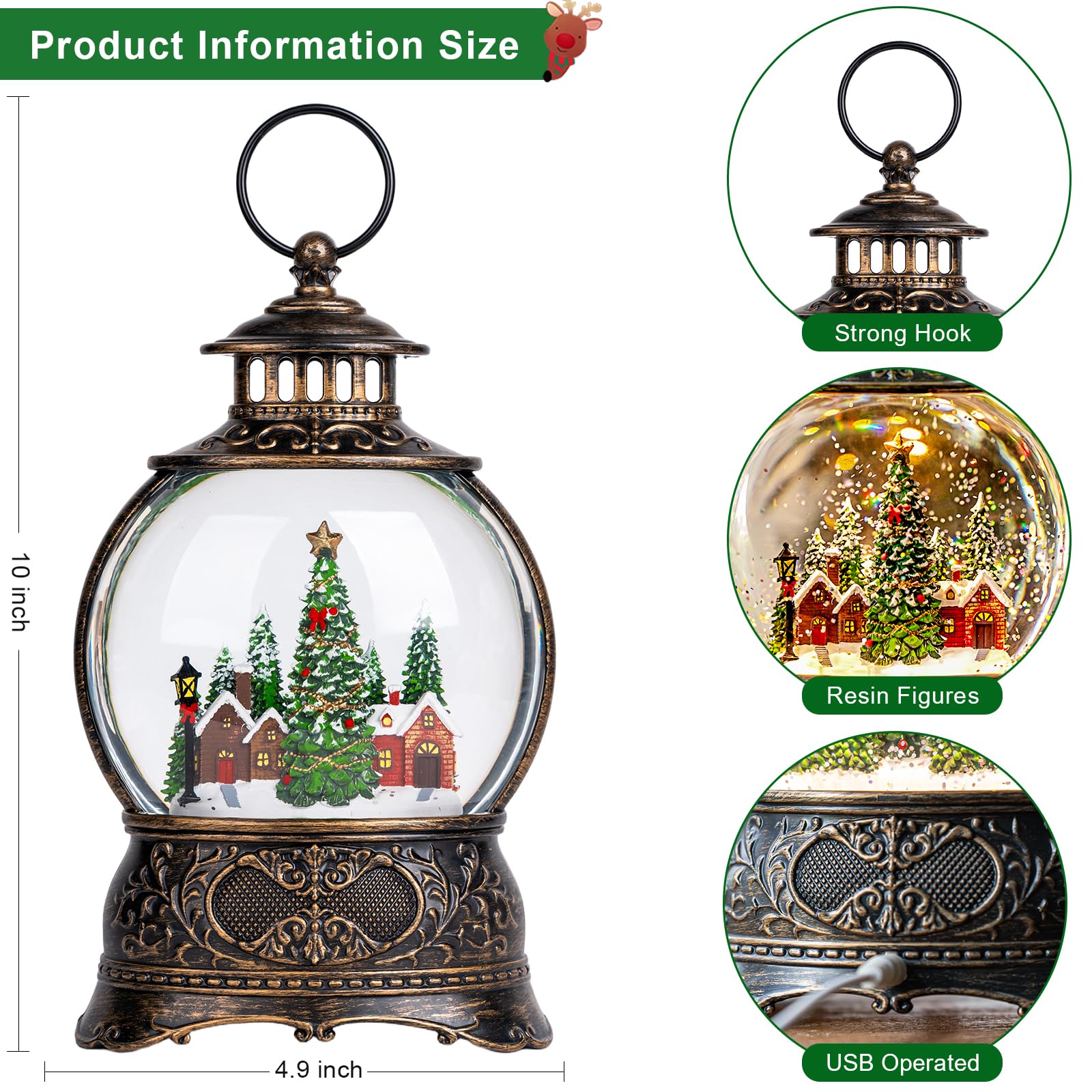 Christmas Snow Globes Water Lantern with Christmas Tree Village, Music & 6H Timer, USB Lined/Battery Operated Lighted Lanterns f