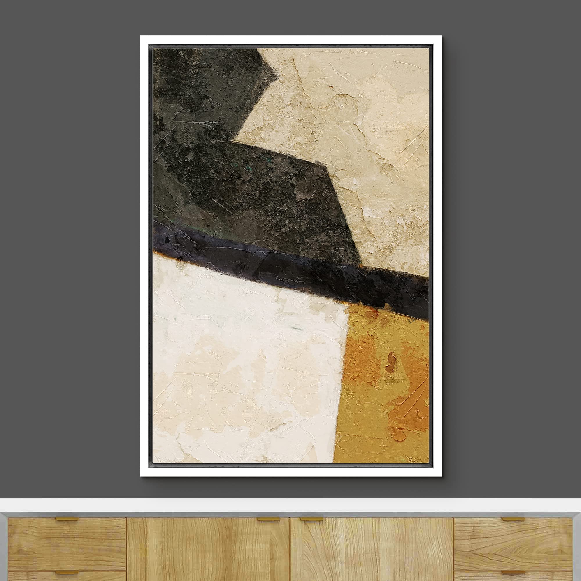 Ashbrook Framed Canvas Print Wall Art Black, Yellow And Tan Geometric Polygon Collage Abstract Shapes Illustrations Modern Conte