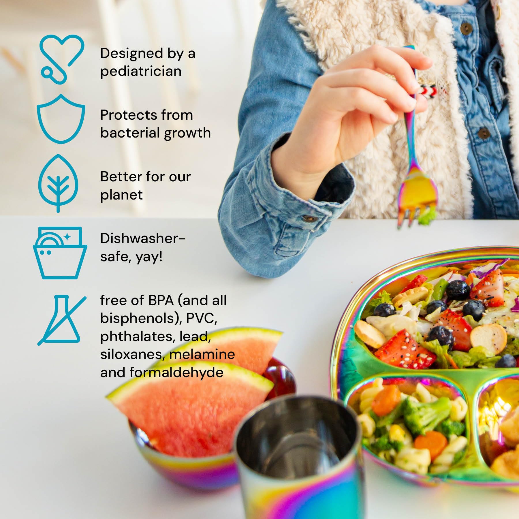 Ahimsa Kids and Toddler Plate and Bowl Set | Pediatrician Designed - Mindful Mealtime 5 Piece Stainless Steel Dish Set | Include