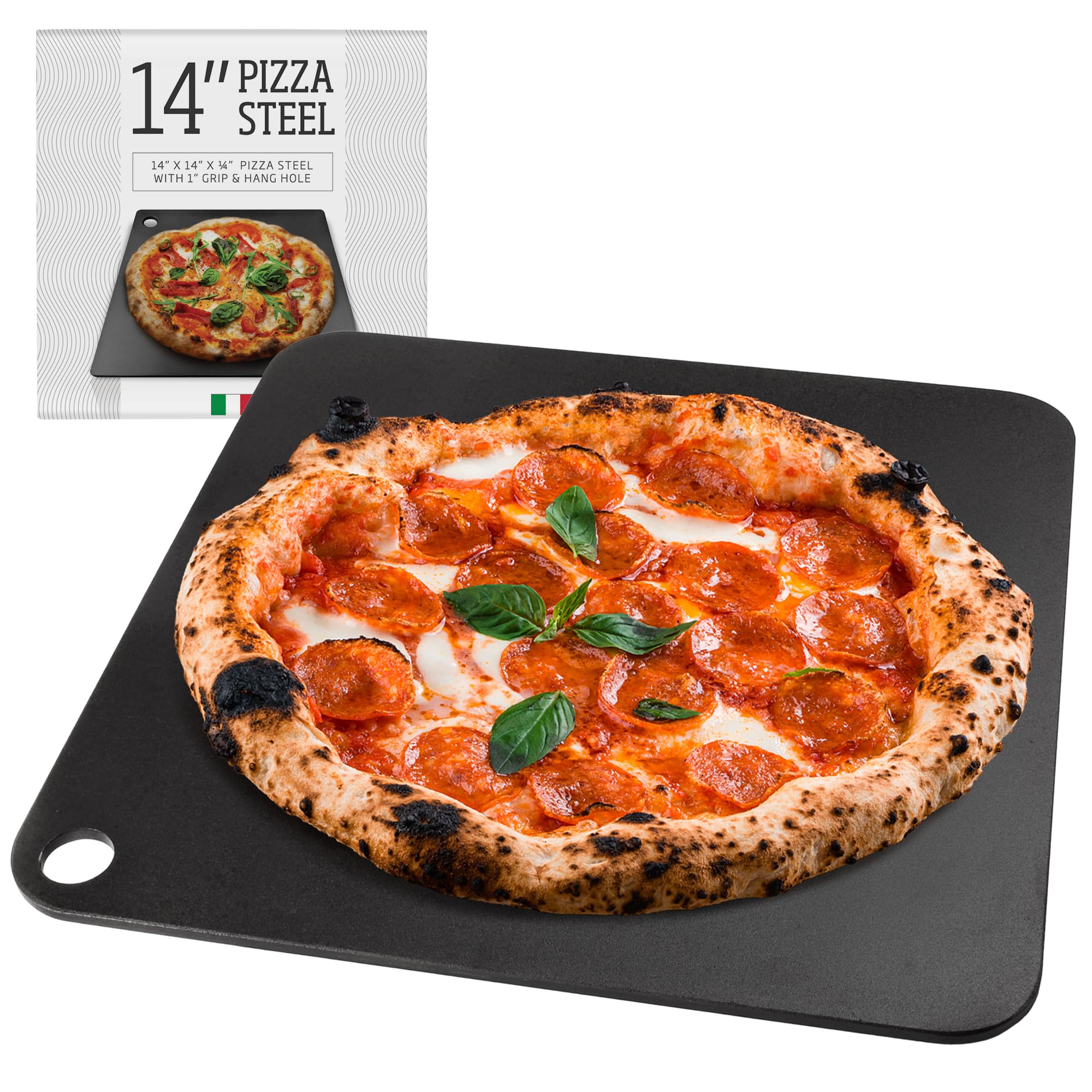 Impresa Pizza Steel For Oven - Durable Steel Platform With Finger Hole For Baking Pizza And Bread - 14X14 Inches - Great Alterna